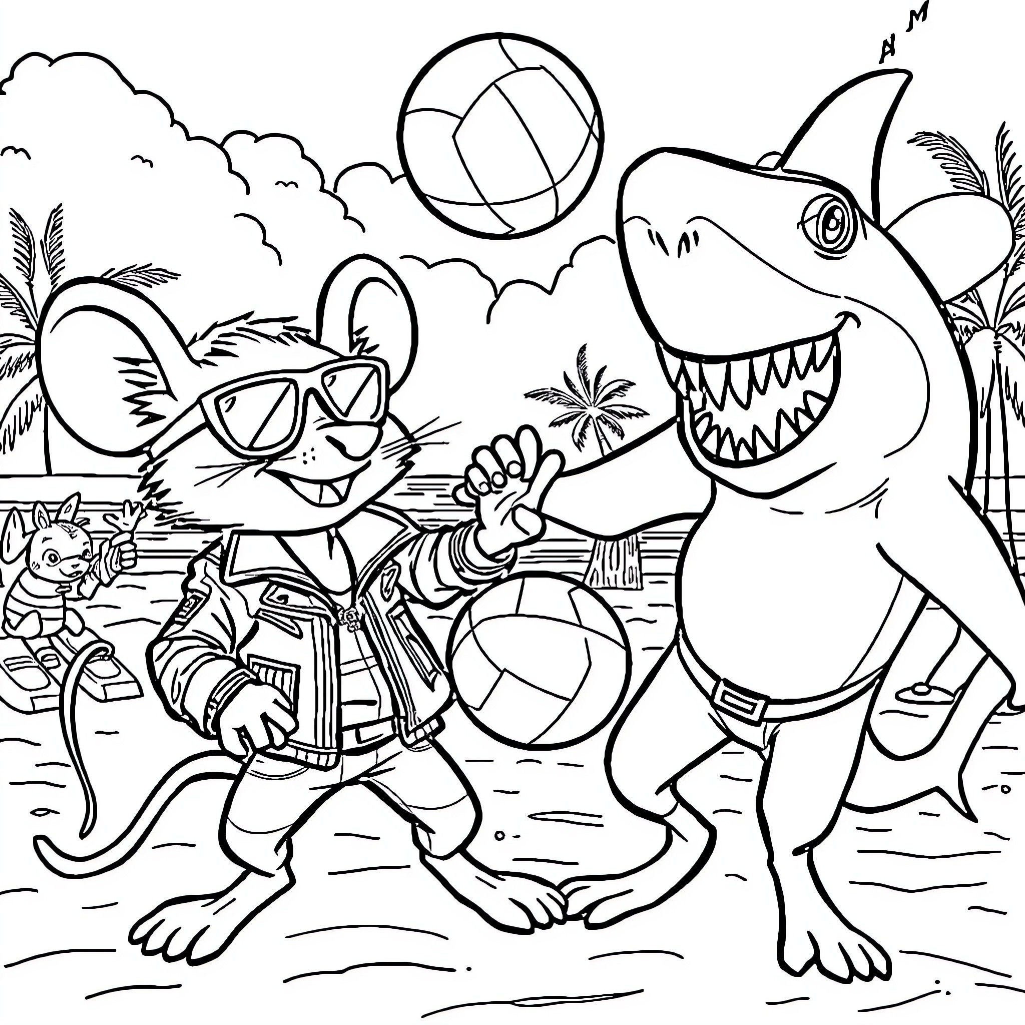 Biker Mice Explore Beach Adventure Coloring Page (free black-and-white line drawing printable PDF for all, from beginners to advanced learners, including children, teens, adults, and seniors)
