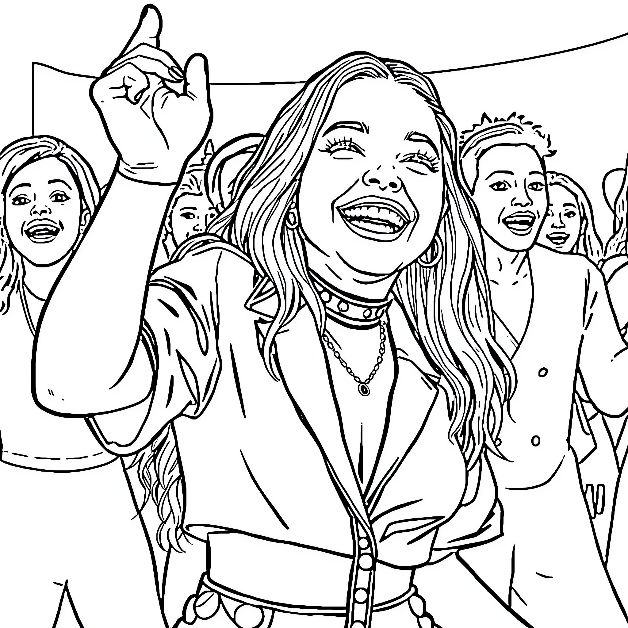 Billie Eilish performing on stage with excited fans Coloring Page (free black-and-white line drawing printable PDF for all, from beginners to advanced learners, including children, teens, adults, and seniors)