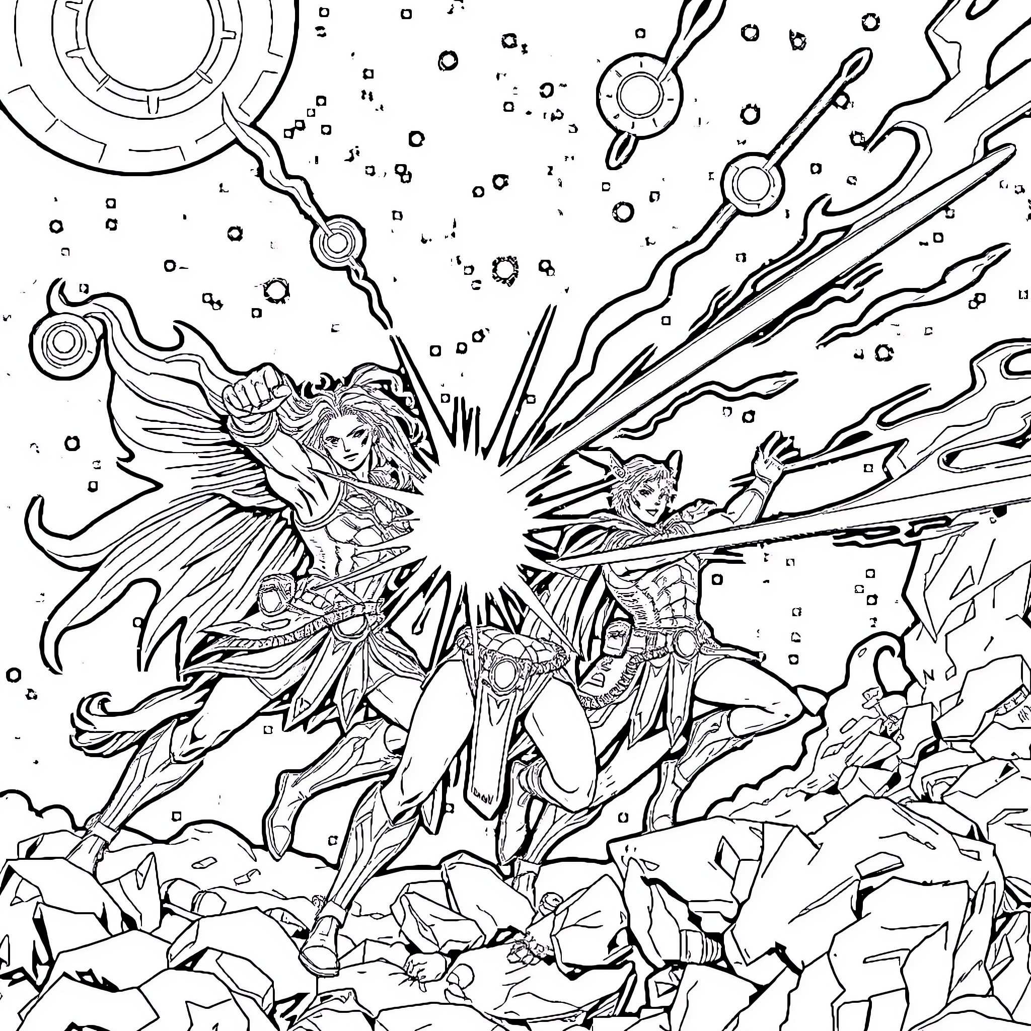 Caballero Battling Cosmic Adversaries in Otherworldly Realm Coloring Page (free black-and-white line drawing printable PDF for all, from beginners to advanced learners, including children, teens, adults, and seniors)