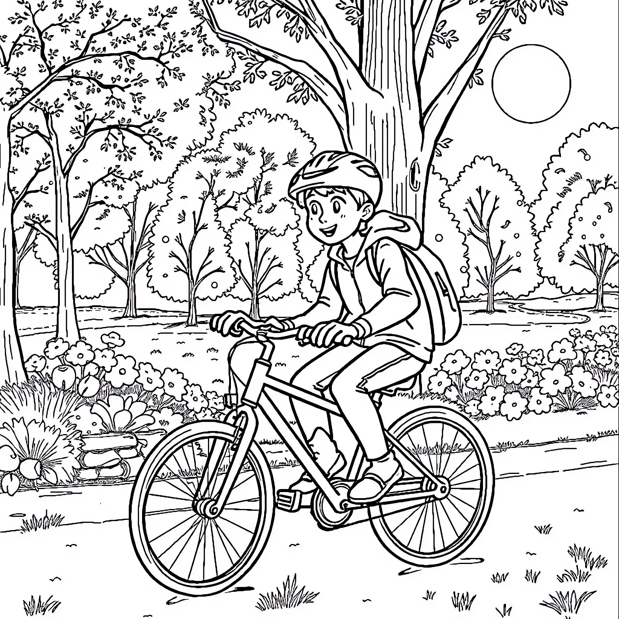 Nemo's Bicycle Adventure in the Serene Park Coloring Page (free black-and-white line drawing printable PDF for all, from beginners to advanced learners, including children, teens, adults, and seniors)