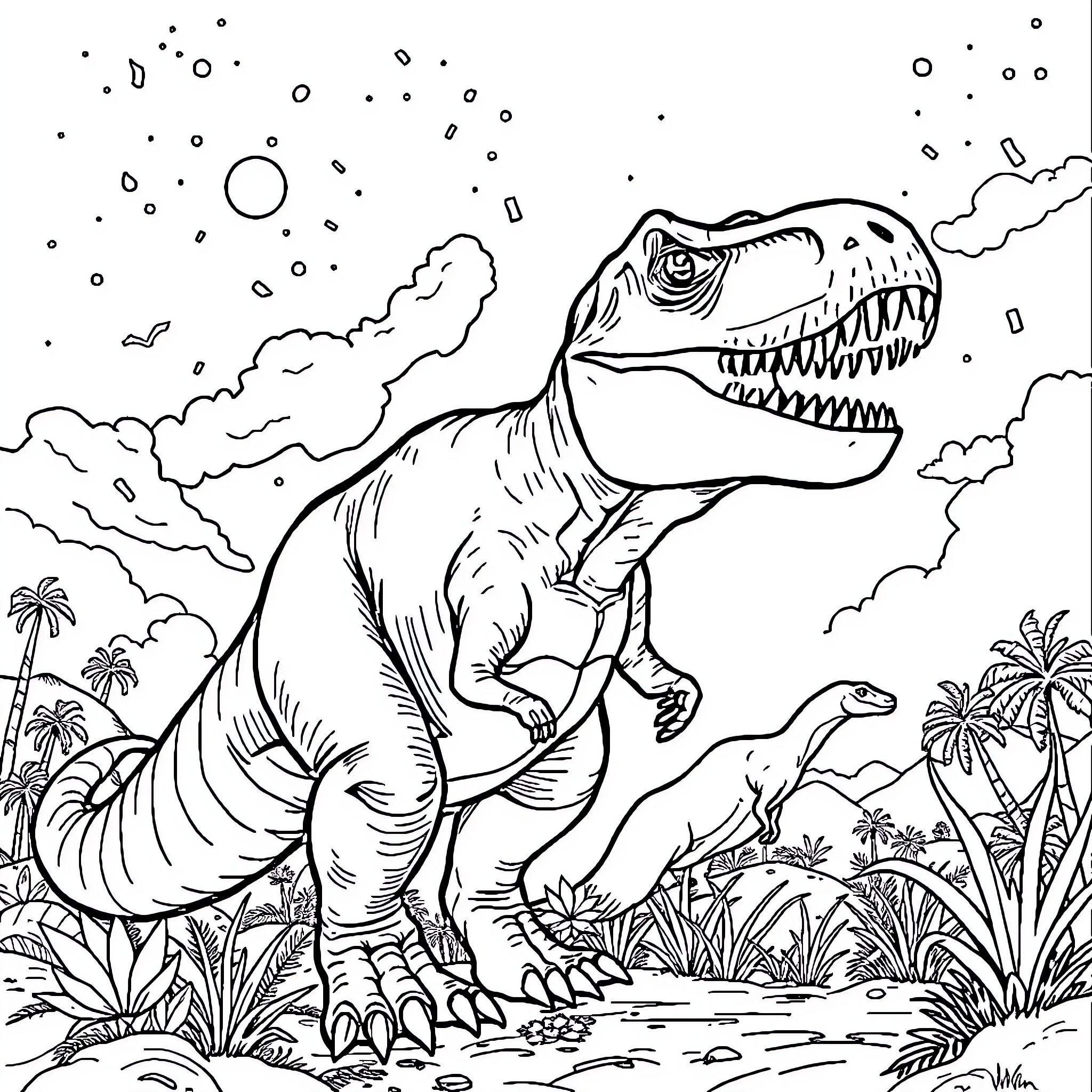T-Rex Stomping Through Prehistoric Landscape Coloring Page (free black-and-white line drawing printable PDF for all, from beginners to advanced learners, including children, teens, adults, and seniors)