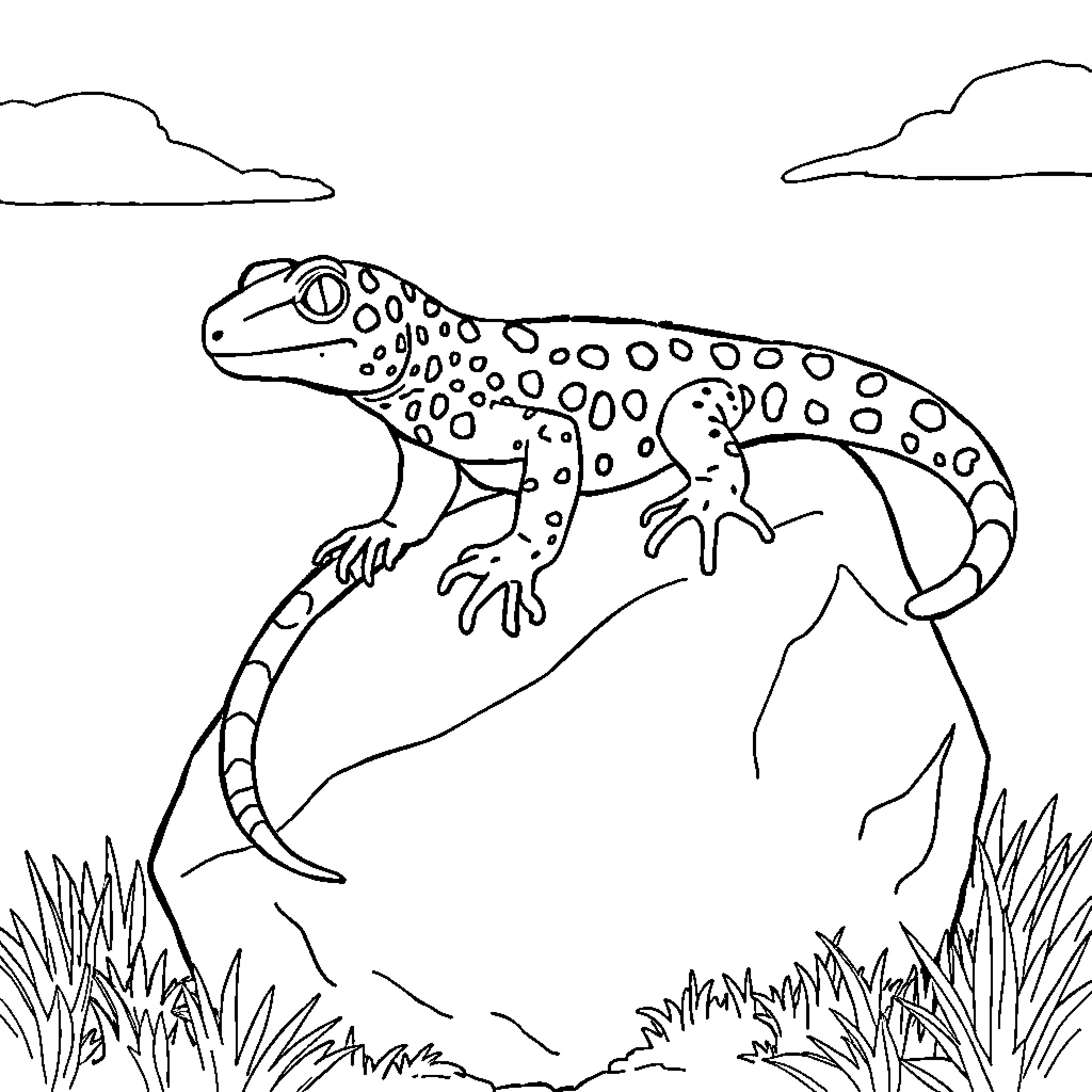 Gecko exploring the wilderness Coloring Page (free black-and-white line drawing printable PDF for all, from beginners to advanced learners, including children, teens, adults, and seniors)