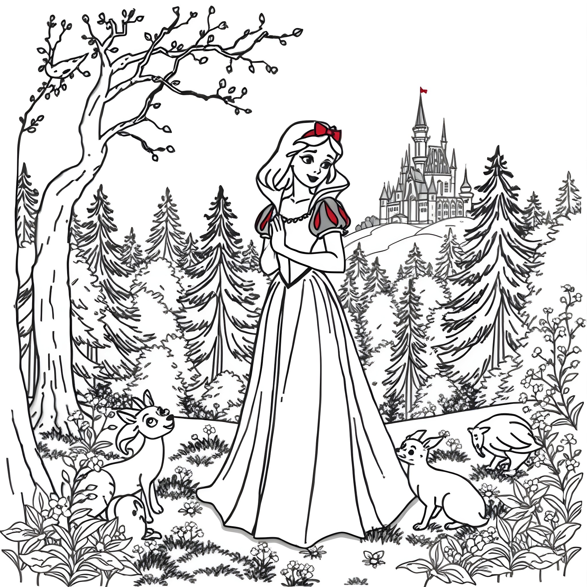 Snow White in the enchanting forest with castle Coloring Page (free black-and-white line drawing printable PDF for all, from beginners to advanced learners, including children, teens, adults, and seniors)