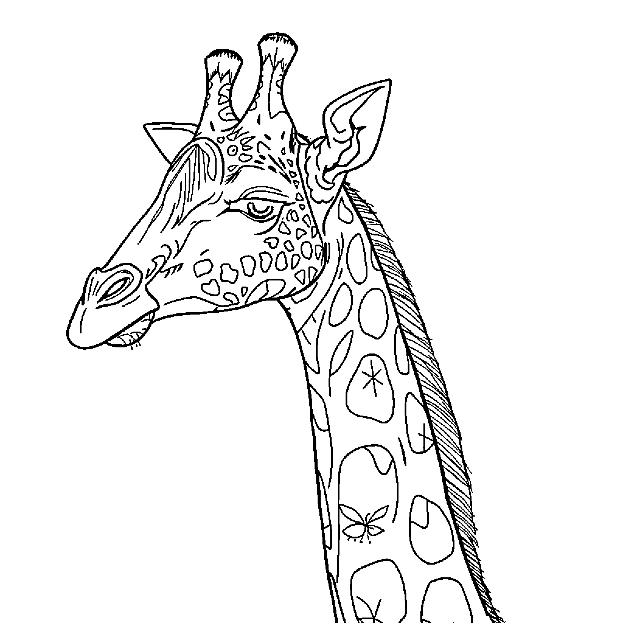 Giraffe with intricate patterned fur Coloring Page (free black-and-white line drawing printable PDF for all, from beginners to advanced learners, including children, teens, adults, and seniors)