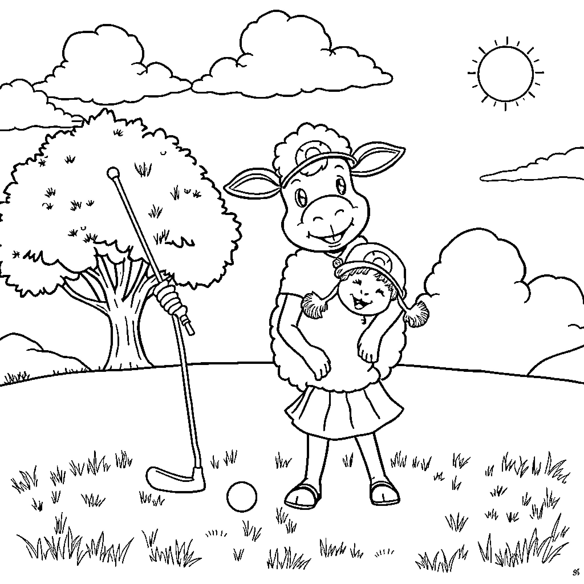 Sheep playing in the countryside Coloring Page (free black-and-white line drawing printable PDF for all, from beginners to advanced learners, including children, teens, adults, and seniors)