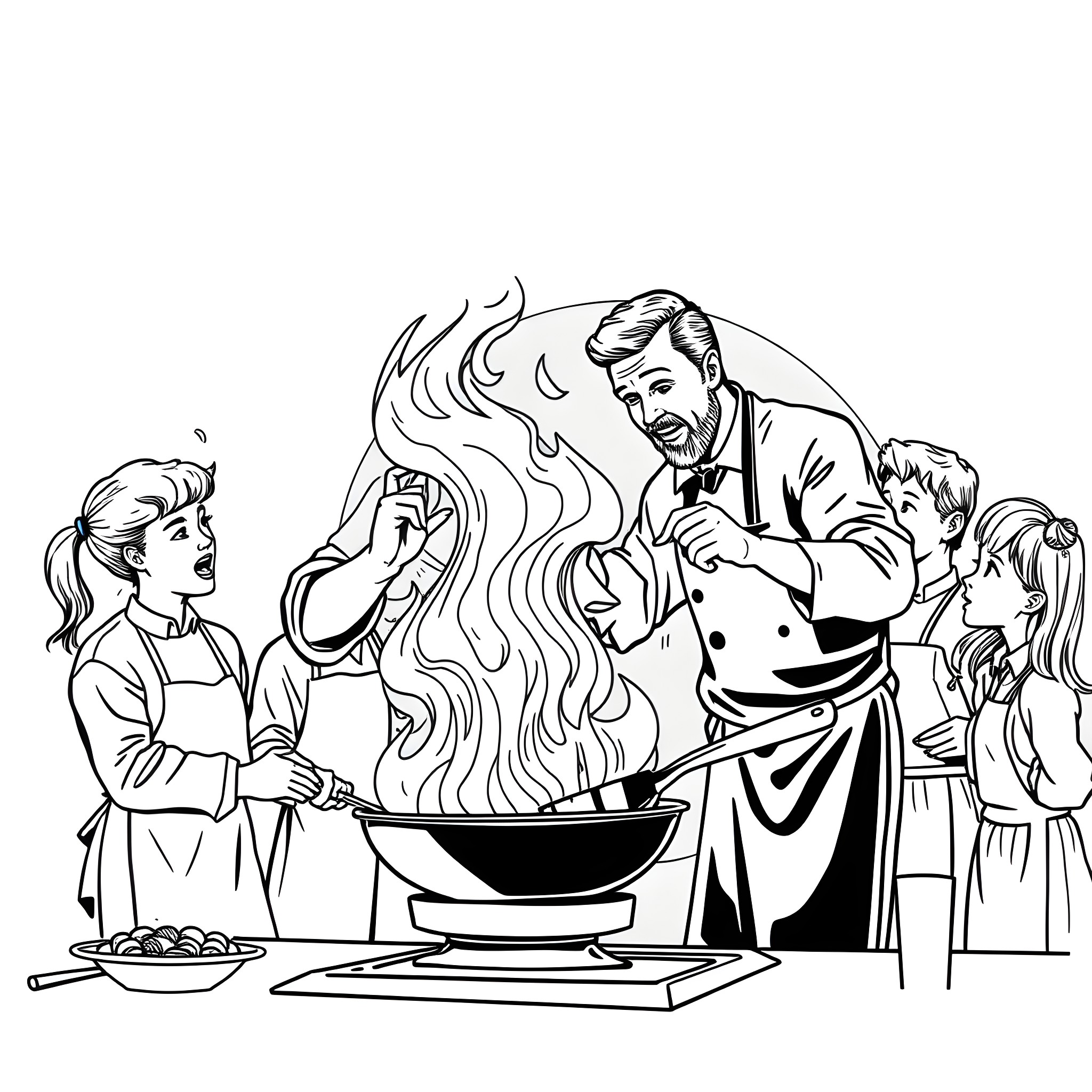 Teacher demonstrating cooking techniques to students Coloring Page (free black-and-white line drawing printable PDF for all, from beginners to advanced learners, including children, teens, adults, and seniors)