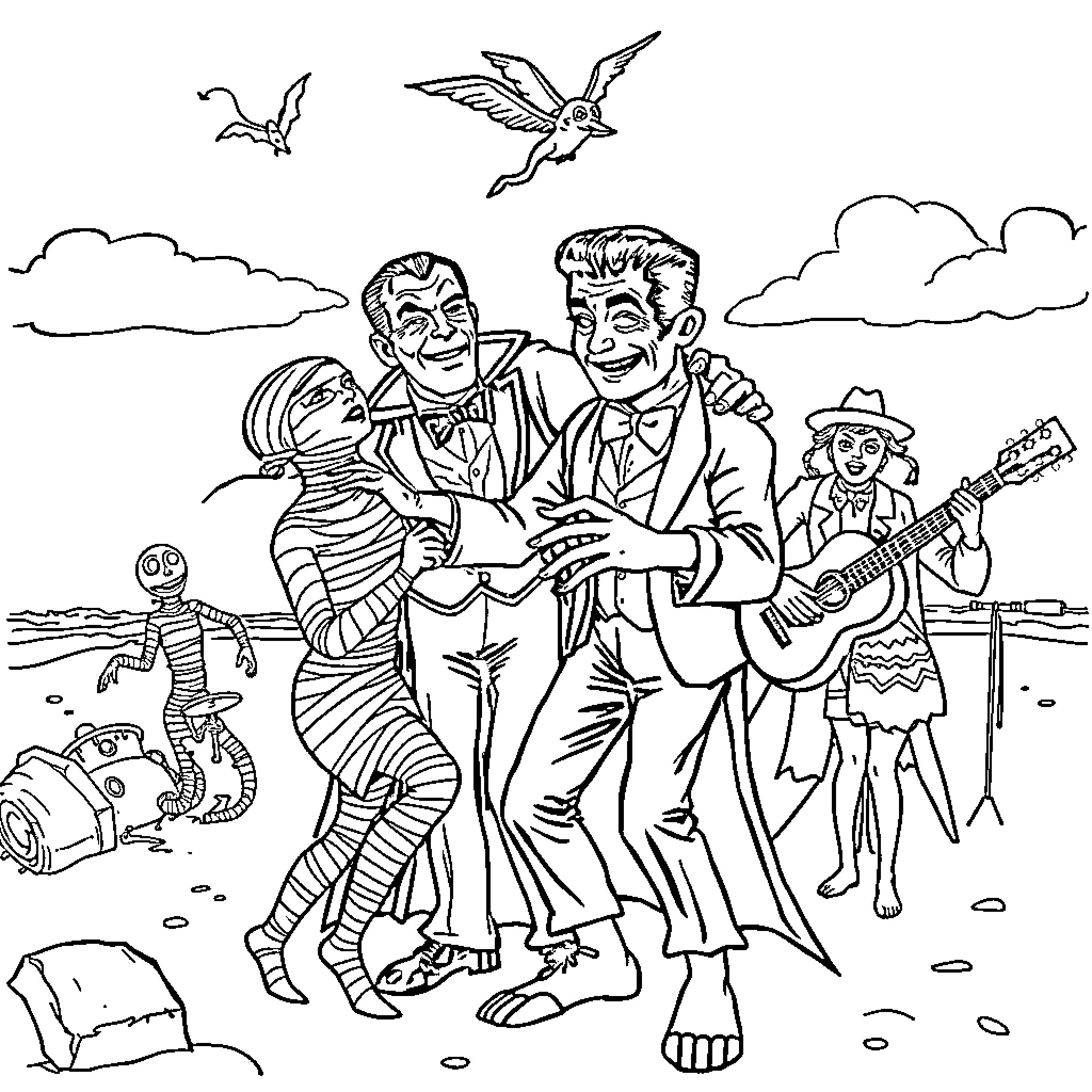 Monster Musicians Performing on Stage Coloring Page (free black-and-white line drawing printable PDF for all, from beginners to advanced learners, including children, teens, adults, and seniors)