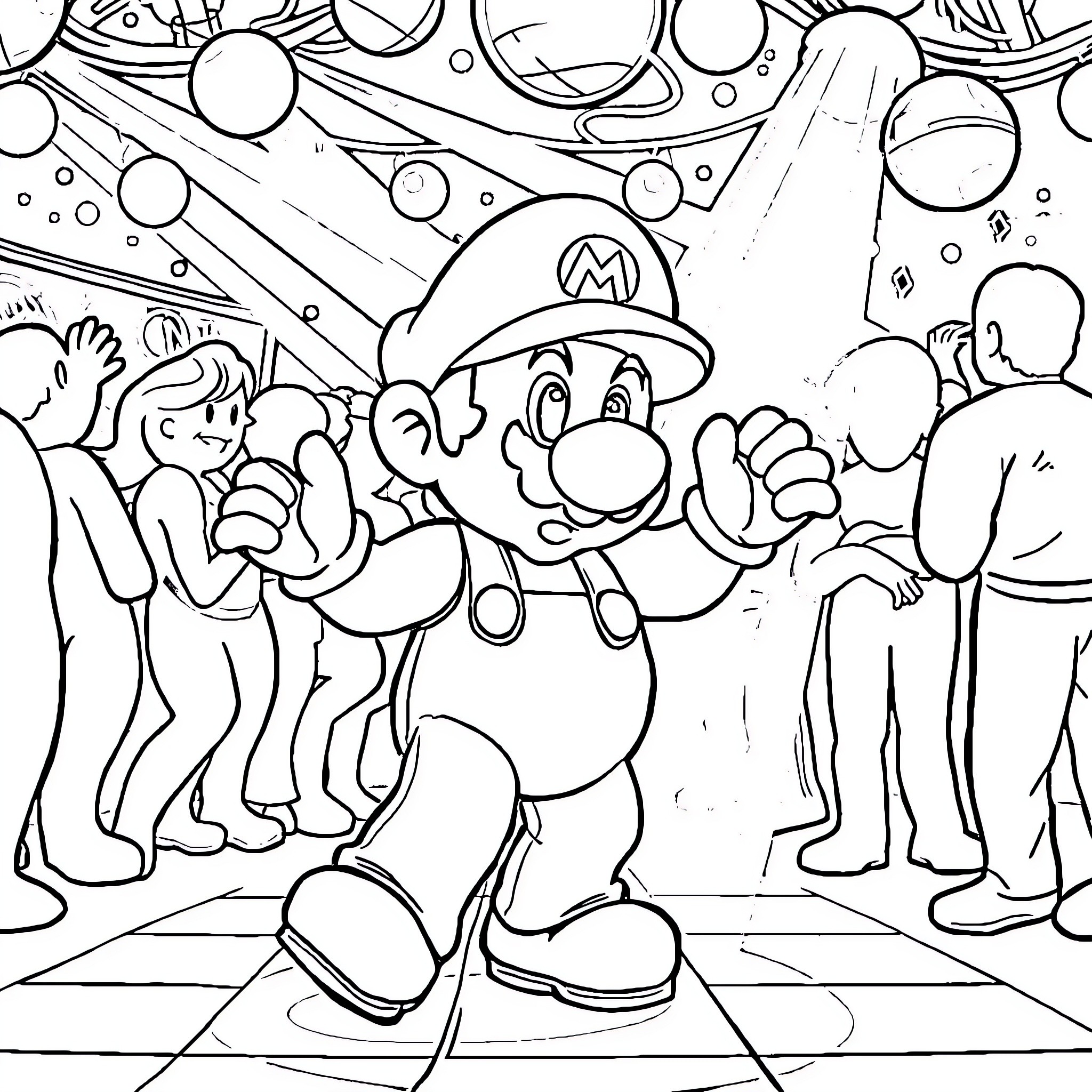 Shy Guy's Playful Antics in the Lively Crowd Coloring Page (free black-and-white line drawing printable PDF for all, from beginners to advanced learners, including children, teens, adults, and seniors)