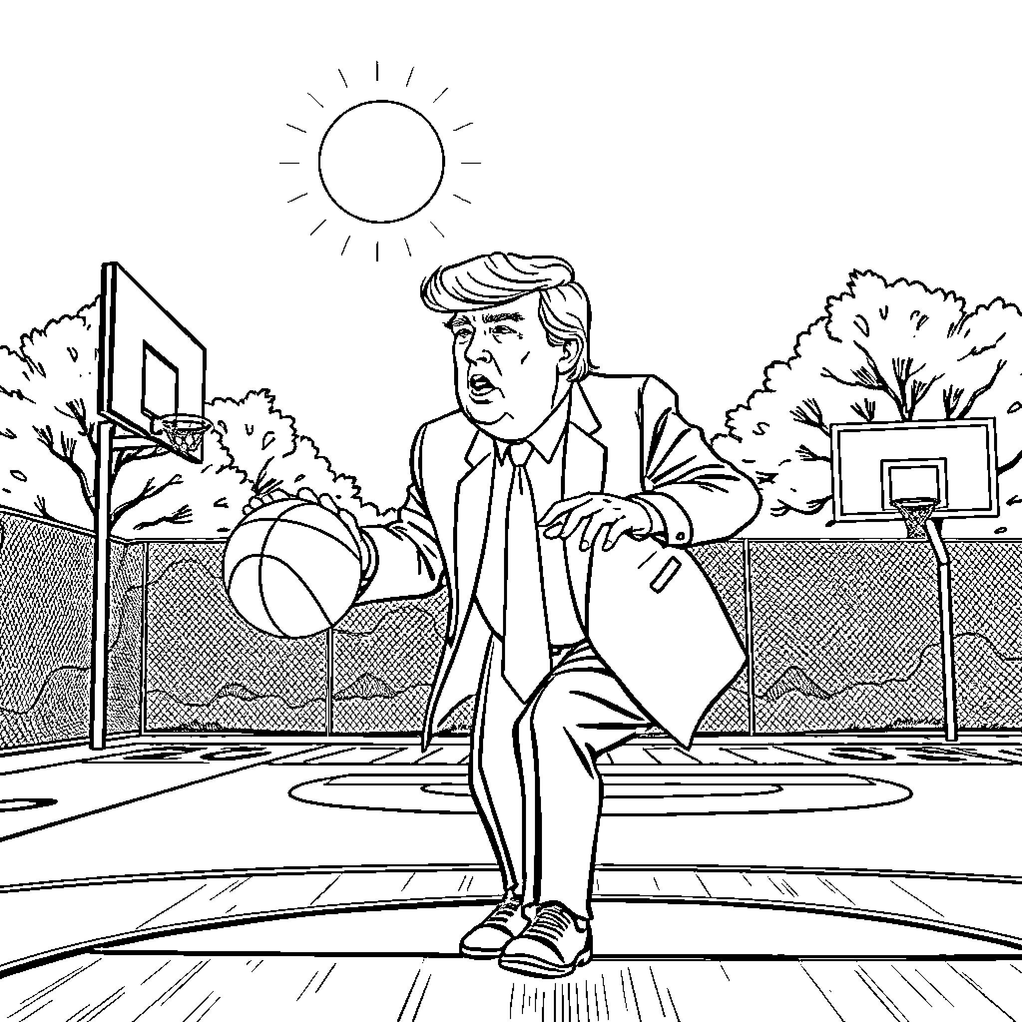 Trump playing basketball on a sunny day Coloring Page (free black-and-white line drawing printable PDF for all, from beginners to advanced learners, including children, teens, adults, and seniors)