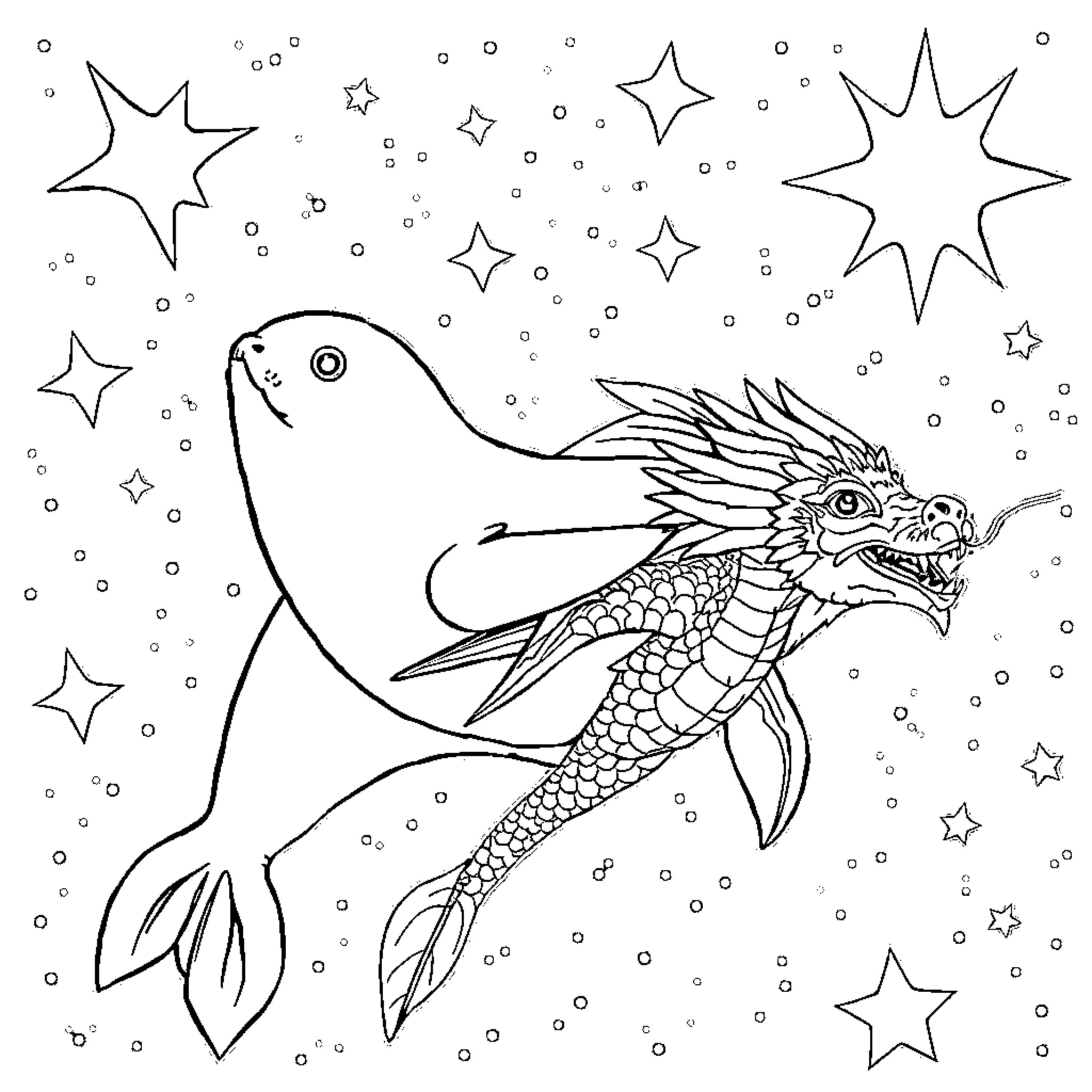 Seal swimming amidst twinkling stars Coloring Page (free black-and-white line drawing printable PDF for all, from beginners to advanced learners, including children, teens, adults, and seniors)