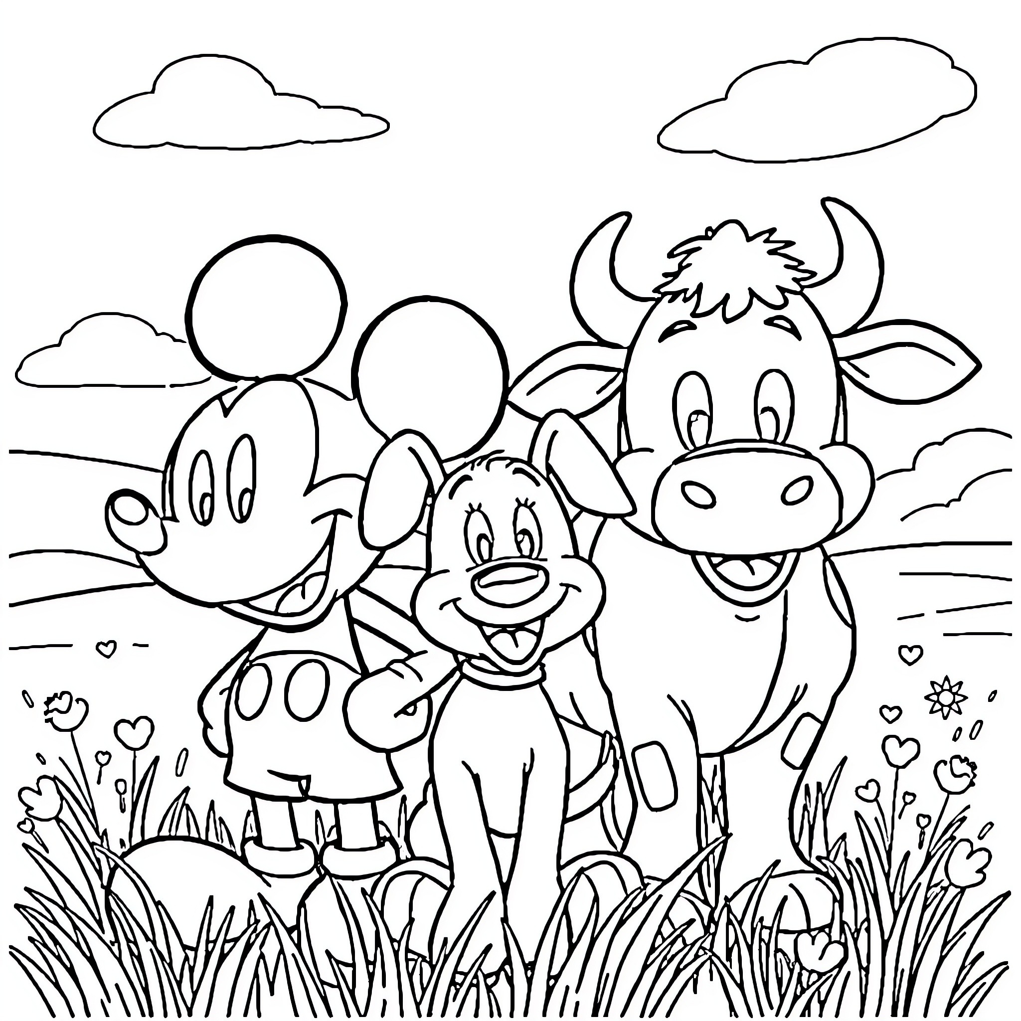 Mickey Mouse and friends playing happily in the countryside Coloring Page (free black-and-white line drawing printable PDF for all, from beginners to advanced learners, including children, teens, adults, and seniors)