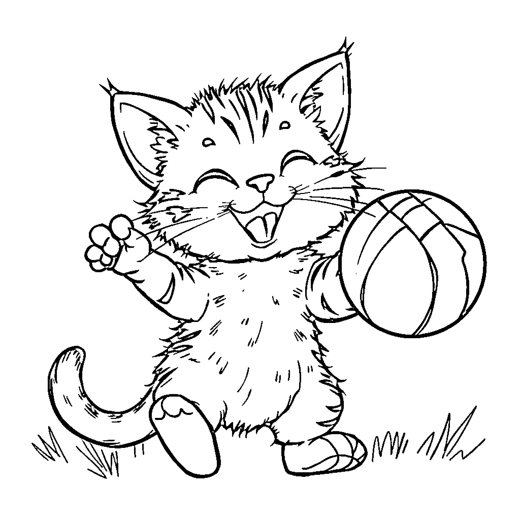 Gatito playing joyfully with a ball Coloring Page (free black-and-white line drawing printable PDF for all, from beginners to advanced learners, including children, teens, adults, and seniors)