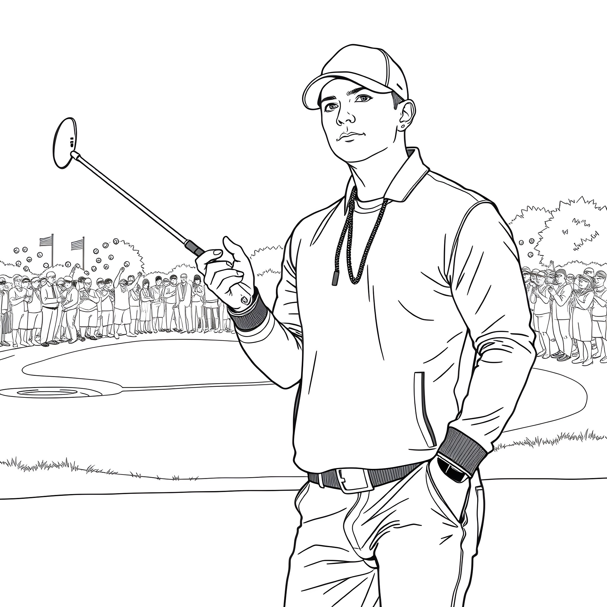 Eminem performing for a crowd at a concert Coloring Page (free black-and-white line drawing printable PDF for all, from beginners to advanced learners, including children, teens, adults, and seniors)