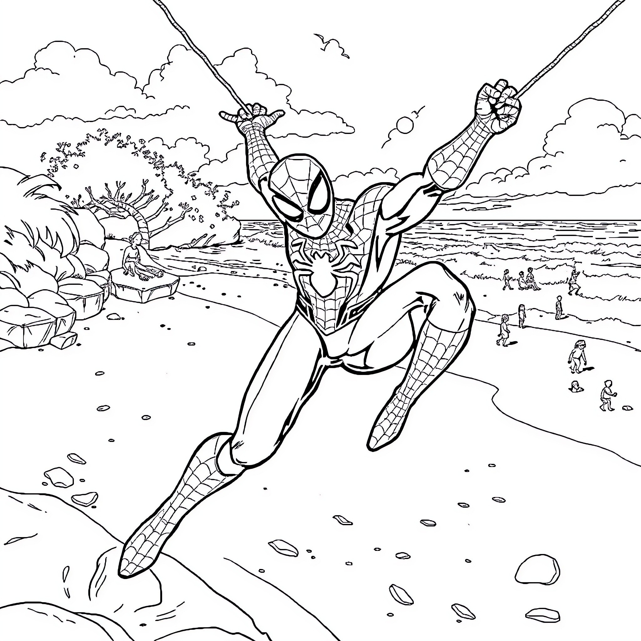 Spider-Man swinging heroically through the city Coloring Page (free black-and-white line drawing printable PDF for all, from beginners to advanced learners, including children, teens, adults, and seniors)