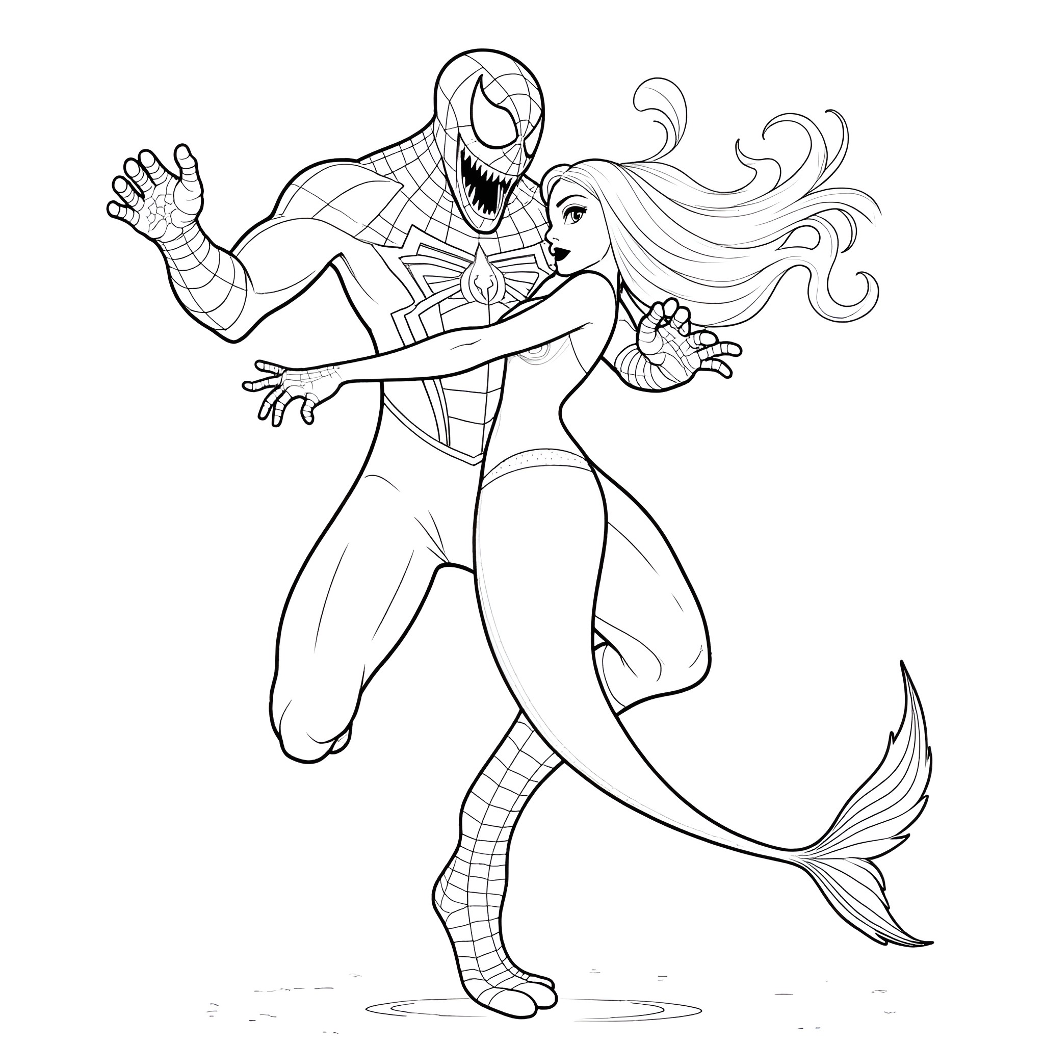 Venom clashing with a mermaid-like figure in an intense scene Coloring Page (free black-and-white line drawing printable PDF for all, from beginners to advanced learners, including children, teens, adults, and seniors)