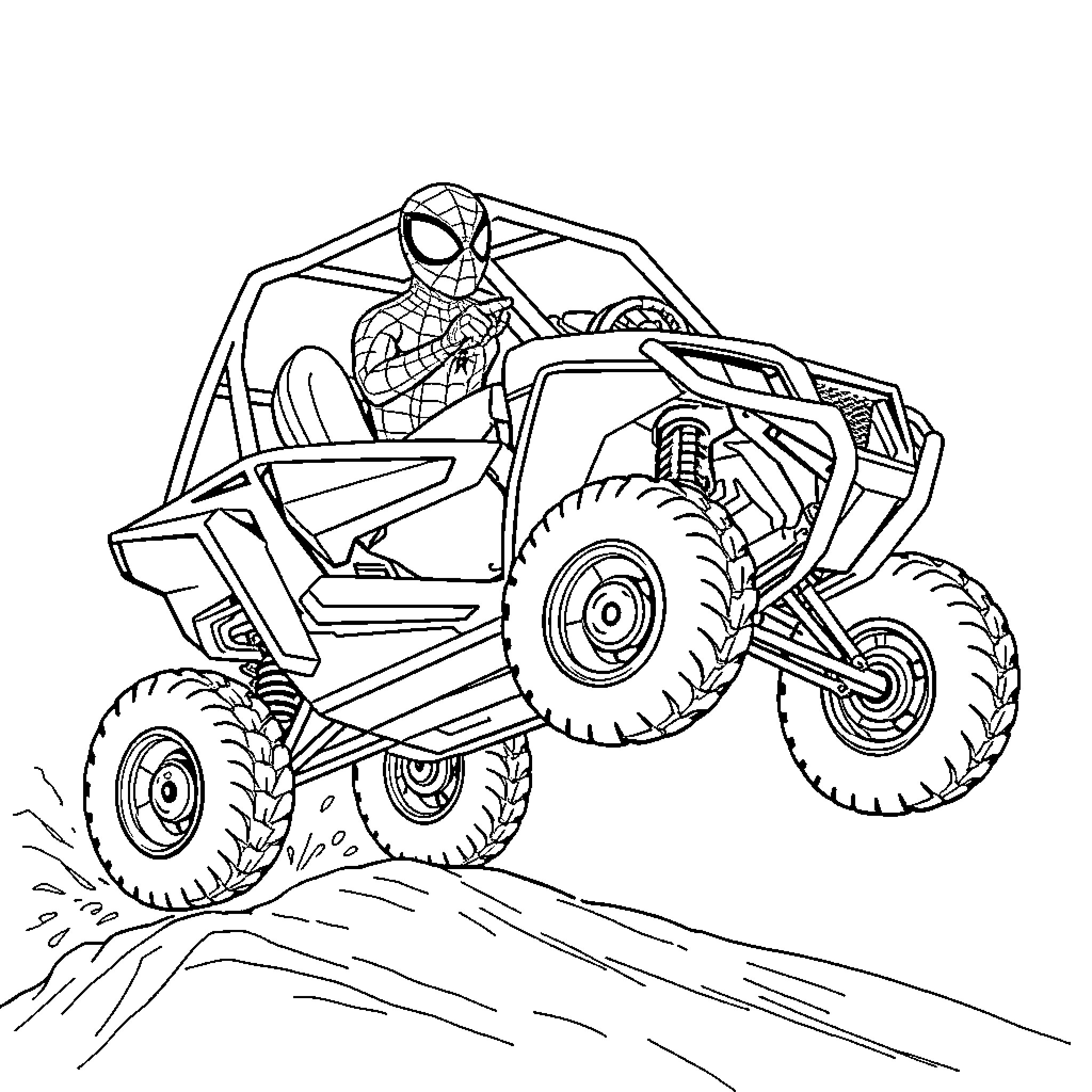 Superhero Driving Rugged All-Terrain Vehicle Coloring Page (free black-and-white line drawing printable PDF for all, from beginners to advanced learners, including children, teens, adults, and seniors)