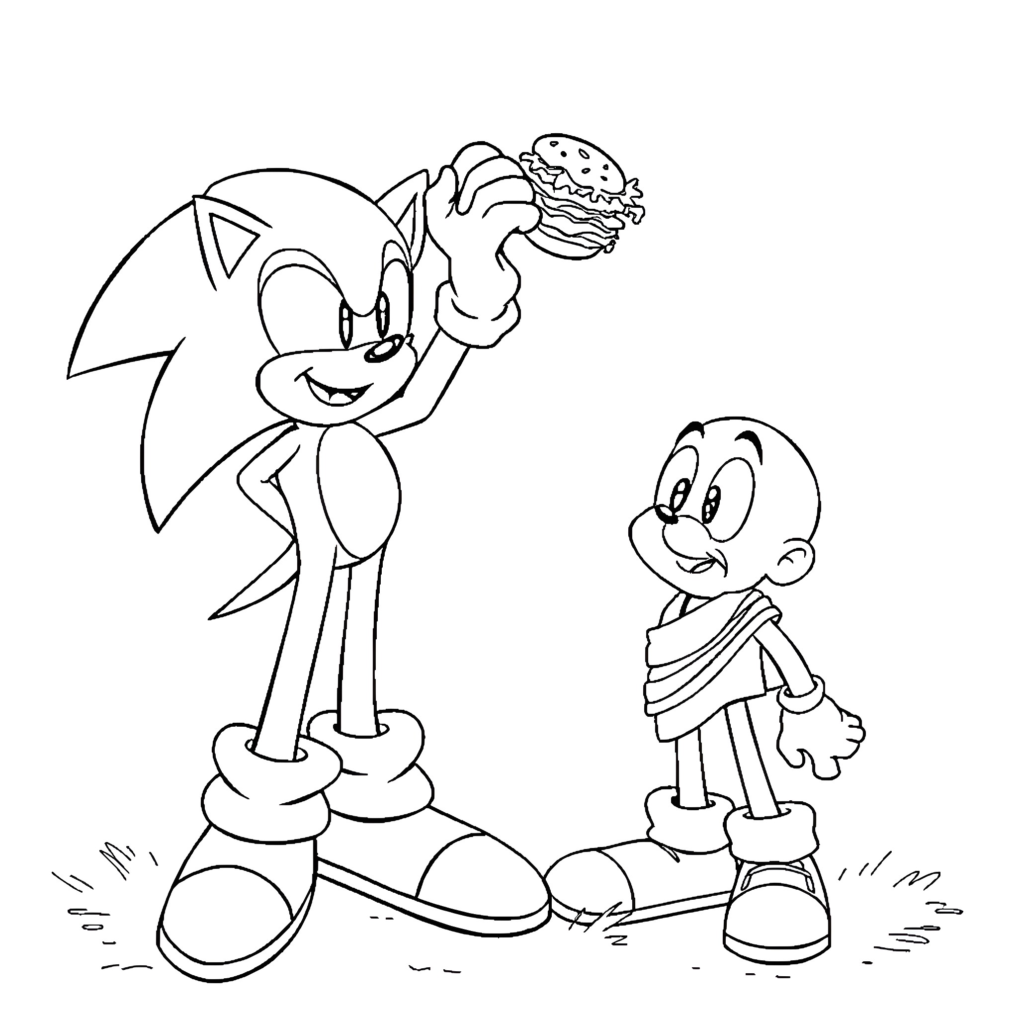 Sonic shares a tasty treat with his friend Coloring Page (free black-and-white line drawing printable PDF for all, from beginners to advanced learners, including children, teens, adults, and seniors)