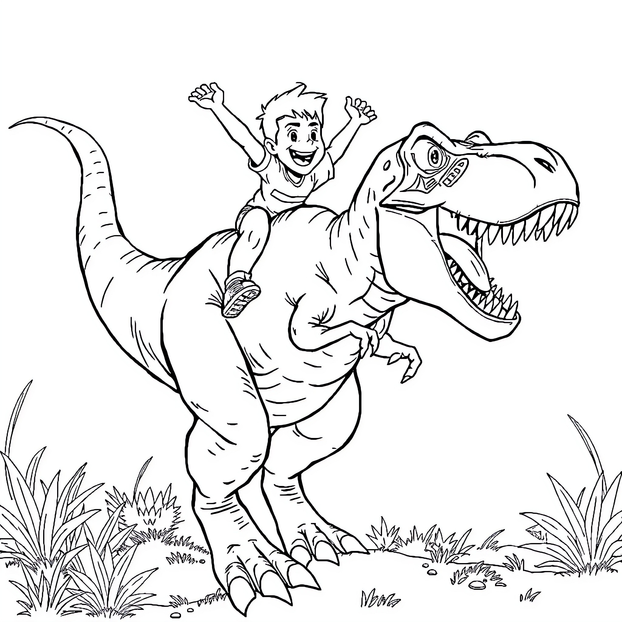 Myles Morales riding a fearsome dinosaur in the wild Coloring Page (free black-and-white line drawing printable PDF for all, from beginners to advanced learners, including children, teens, adults, and seniors)