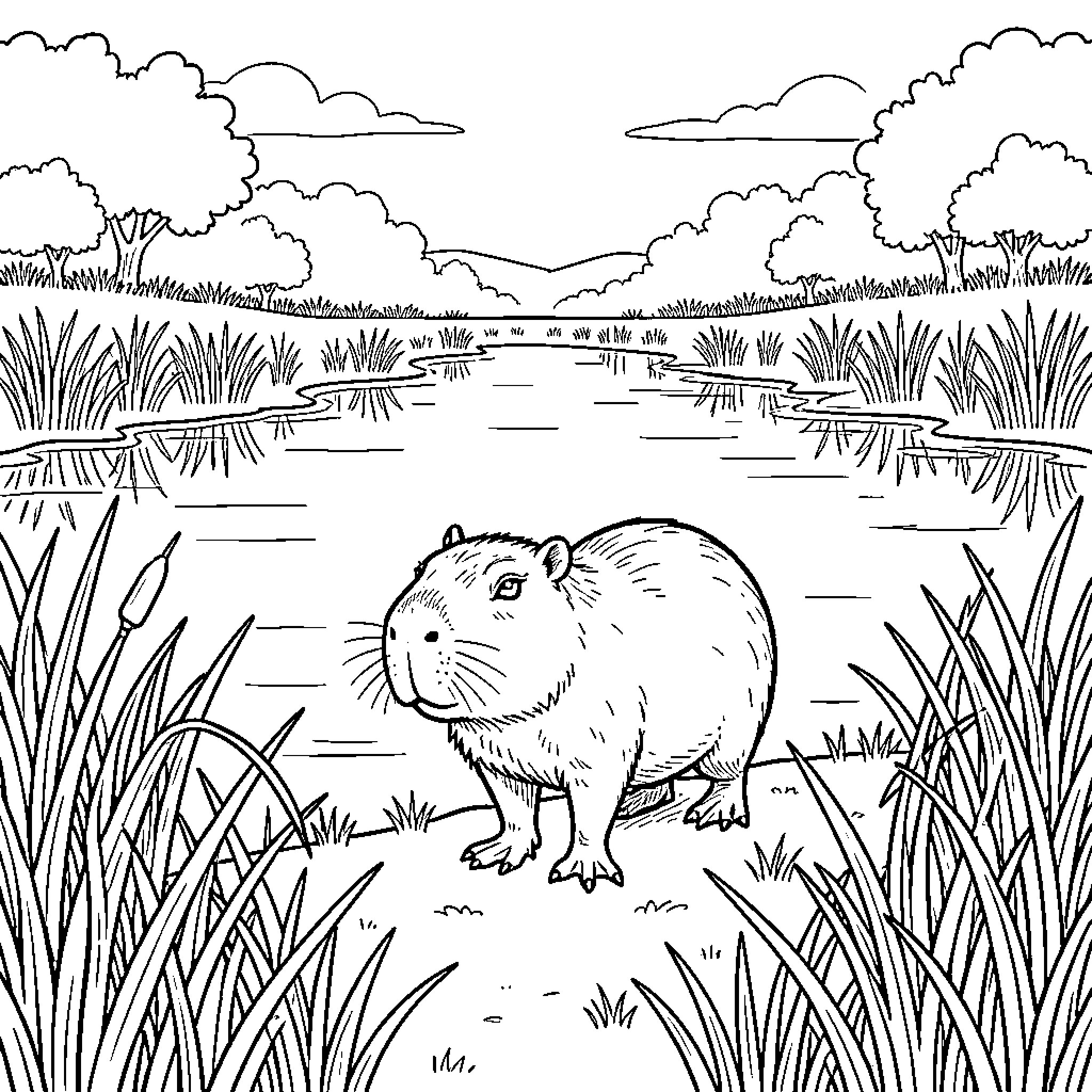 Capybara standing peacefully by a calm riverbank Coloring Page (free black-and-white line drawing printable PDF for all, from beginners to advanced learners, including children, teens, adults, and seniors)