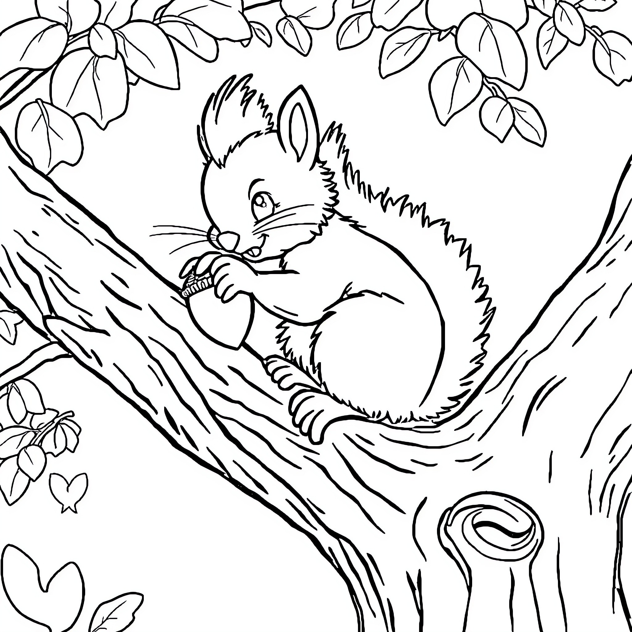Squirrel resting in cozy tree hollow Coloring Page (free black-and-white line drawing printable PDF for all, from beginners to advanced learners, including children, teens, adults, and seniors)
