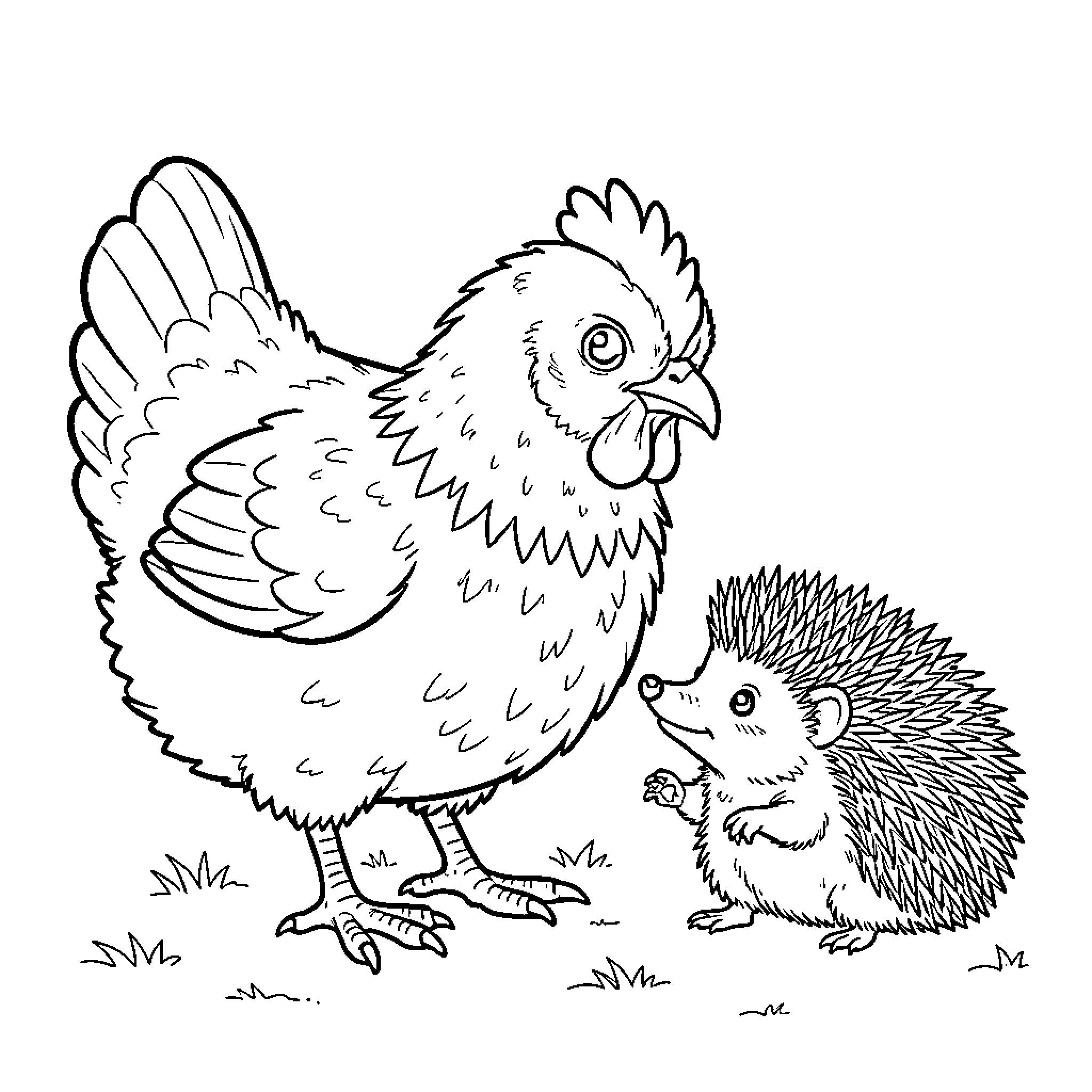 Chicken and Hedgehog in Playful Encounter Coloring Page (free black-and-white line drawing printable PDF for all, from beginners to advanced learners, including children, teens, adults, and seniors)