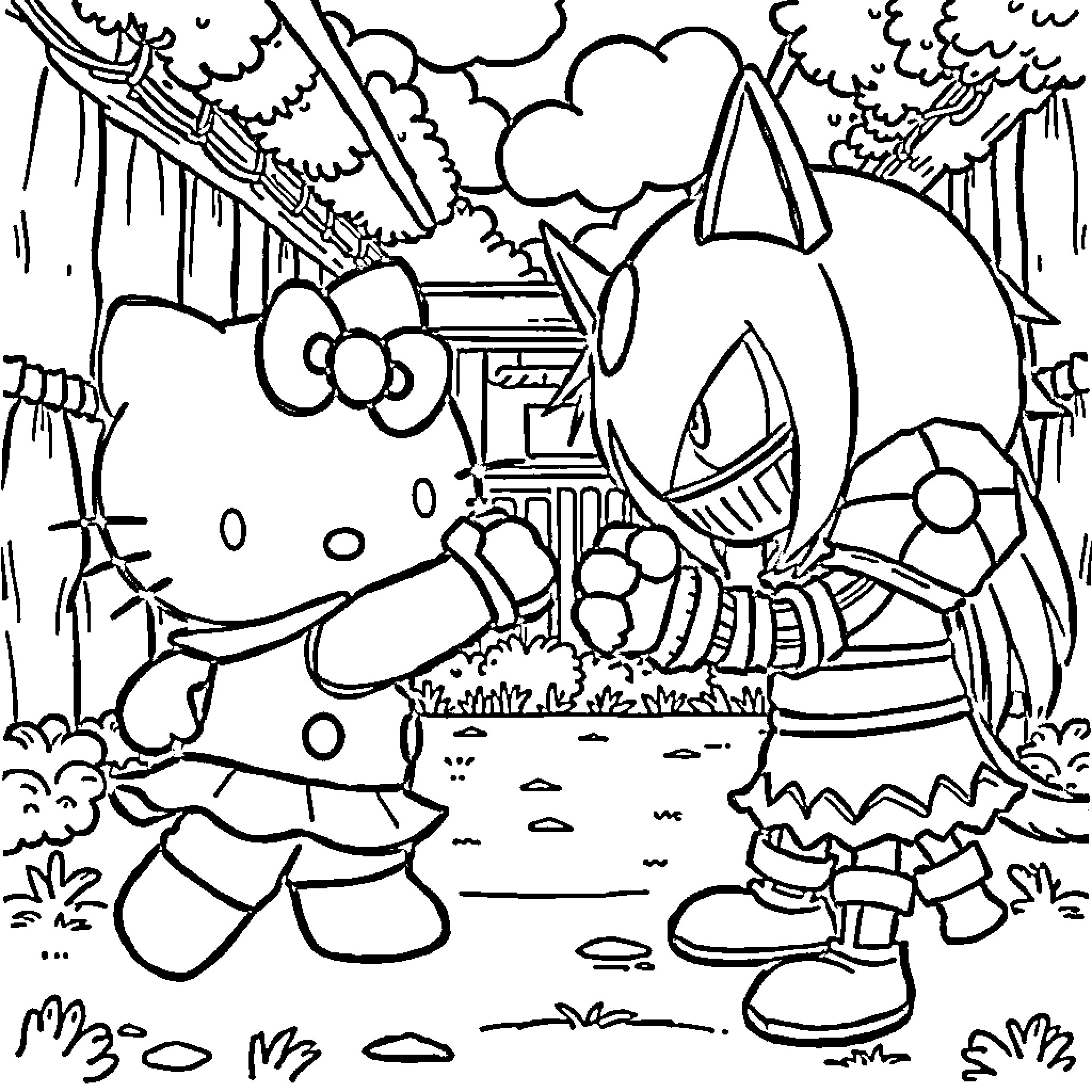 Hello Kitty camping with friends in the wilderness Coloring Page (free black-and-white line drawing printable PDF for all, from beginners to advanced learners, including children, teens, adults, and seniors)
