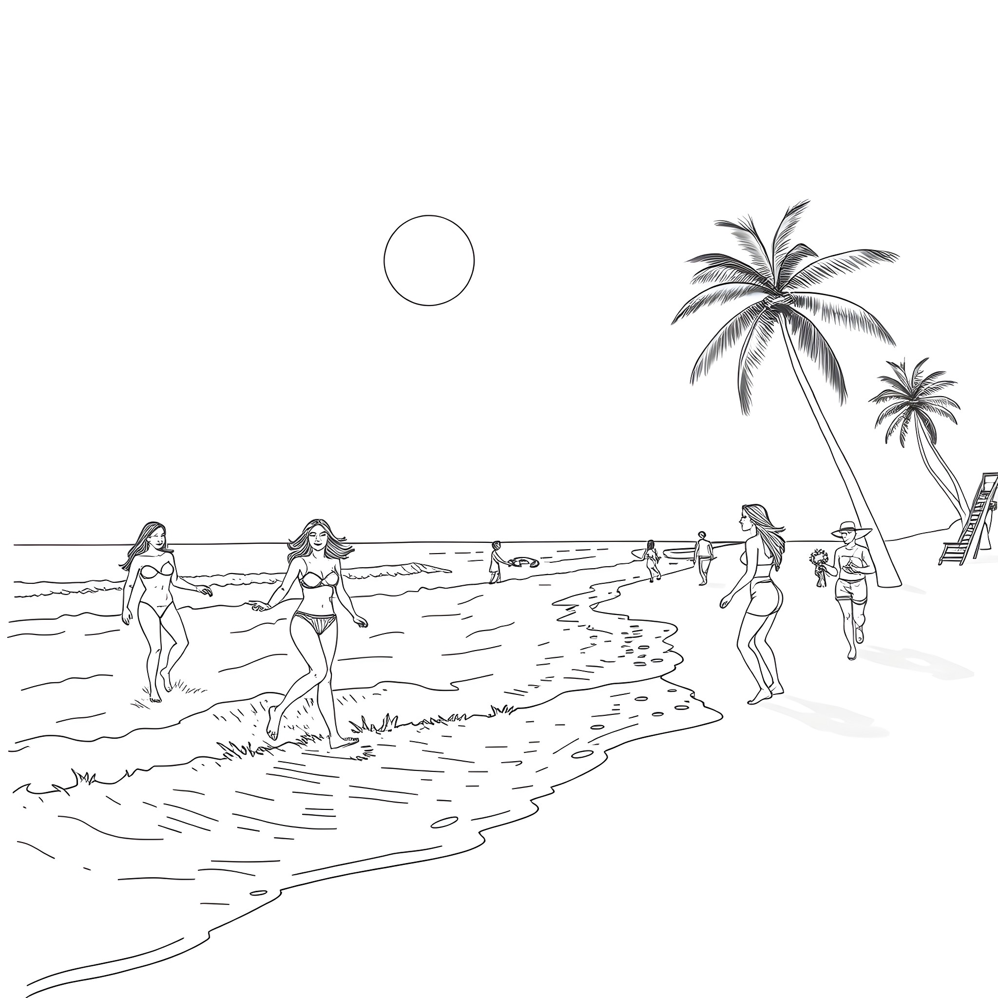 Woman enjoying a sunny day at the beach Coloring Page (free black-and-white line drawing printable PDF for all, from beginners to advanced learners, including children, teens, adults, and seniors)