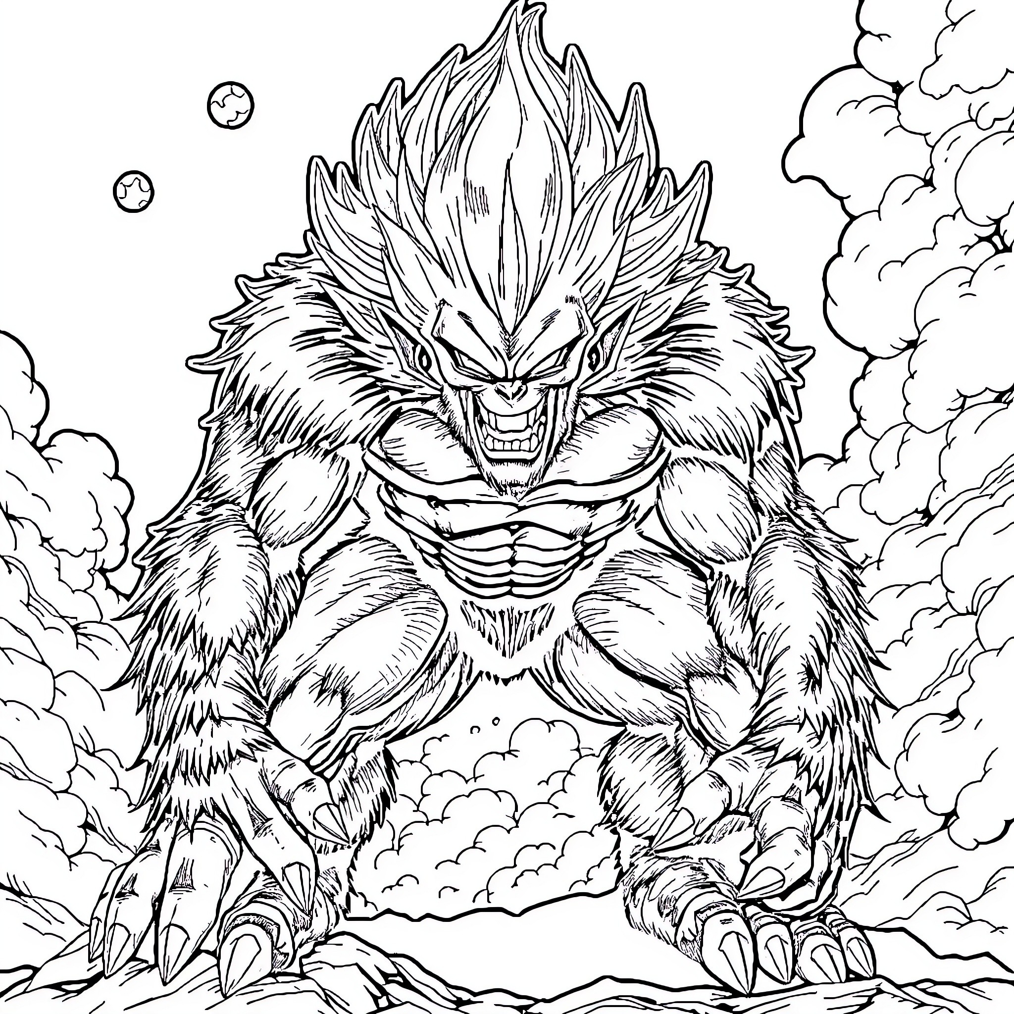 Oozaru's Powerful Transformation in Intense Scene Coloring Page (free black-and-white line drawing printable PDF for all, from beginners to advanced learners, including children, teens, adults, and seniors)