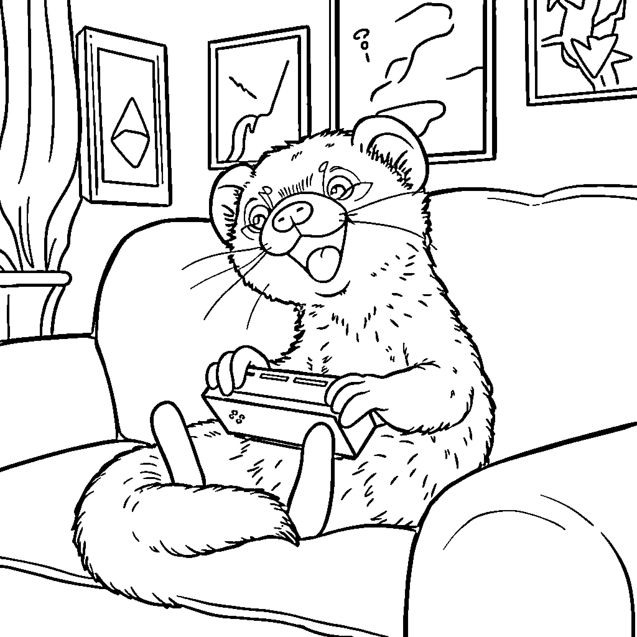 Ferret playing with toy in cozy room Coloring Page (free black-and-white line drawing printable PDF for all, from beginners to advanced learners, including children, teens, adults, and seniors)