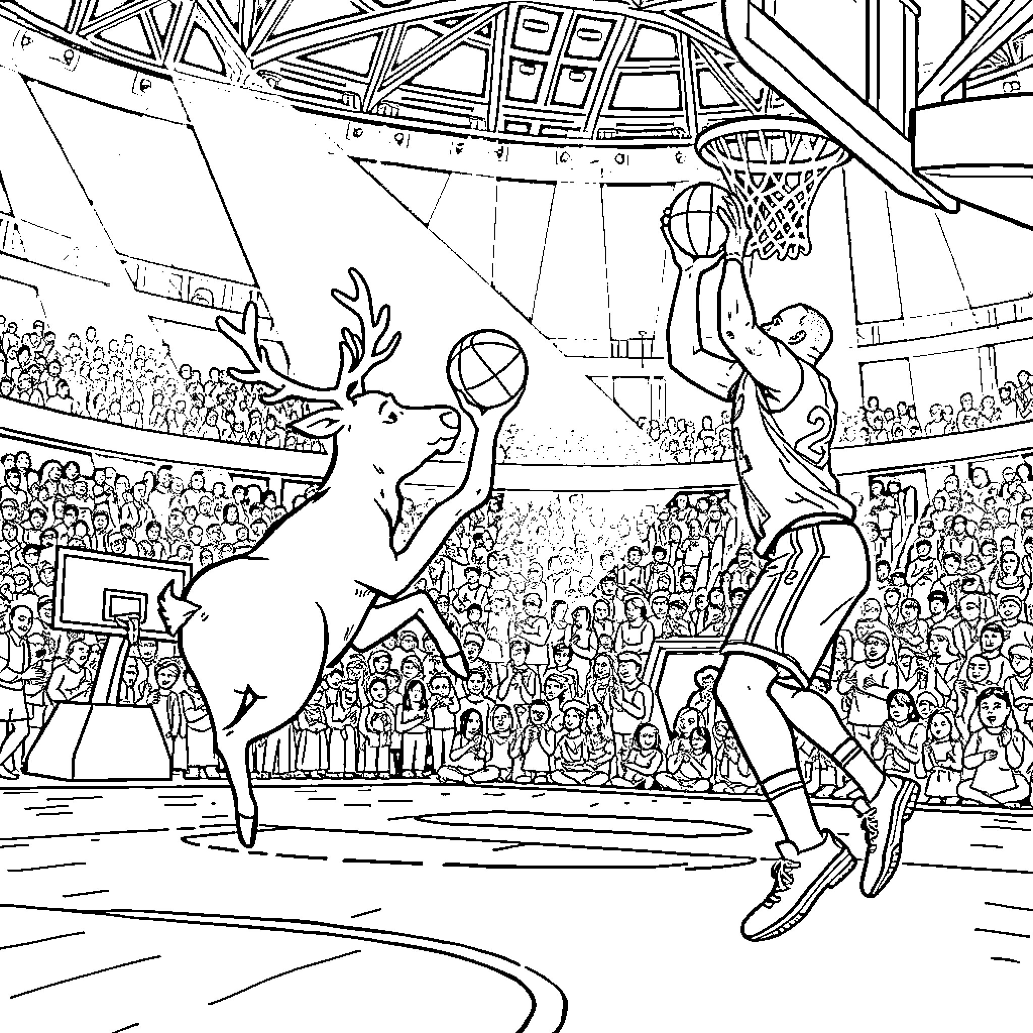 Reindeer Basketball Showdown in Stadium Coloring Page (free black-and-white line drawing printable PDF for all, from beginners to advanced learners, including children, teens, adults, and seniors)