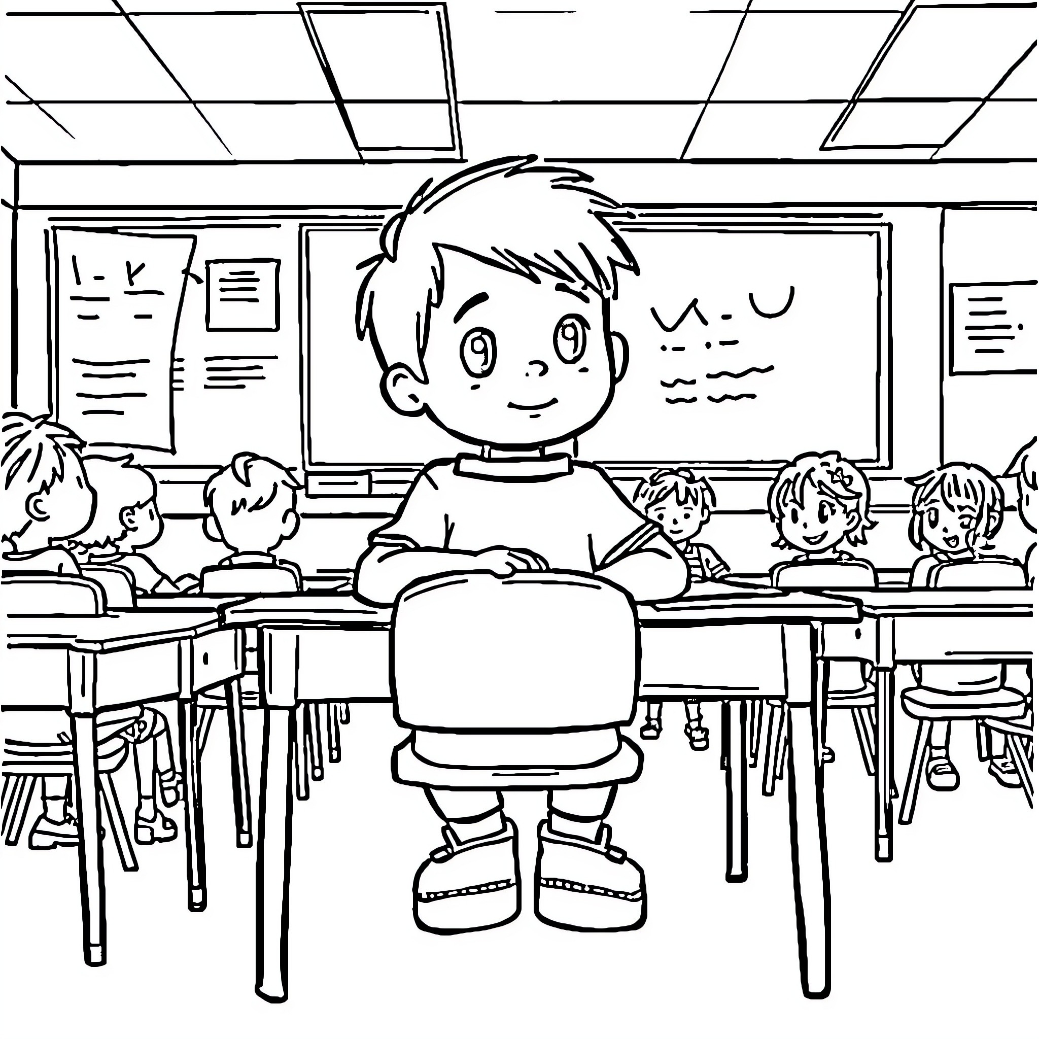 Student Sitting in Classroom with Classmates Coloring Page (free black-and-white line drawing printable PDF for all, from beginners to advanced learners, including children, teens, adults, and seniors)