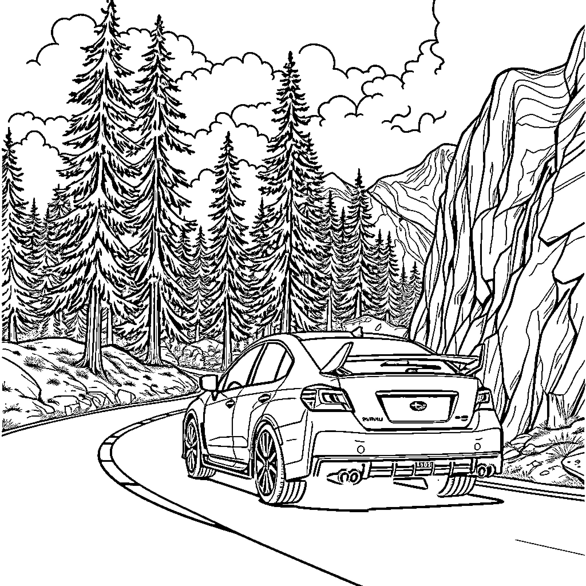 Subaru Driving Through Scenic Mountain Landscape Coloring Page (free black-and-white line drawing printable PDF for all, from beginners to advanced learners, including children, teens, adults, and seniors)