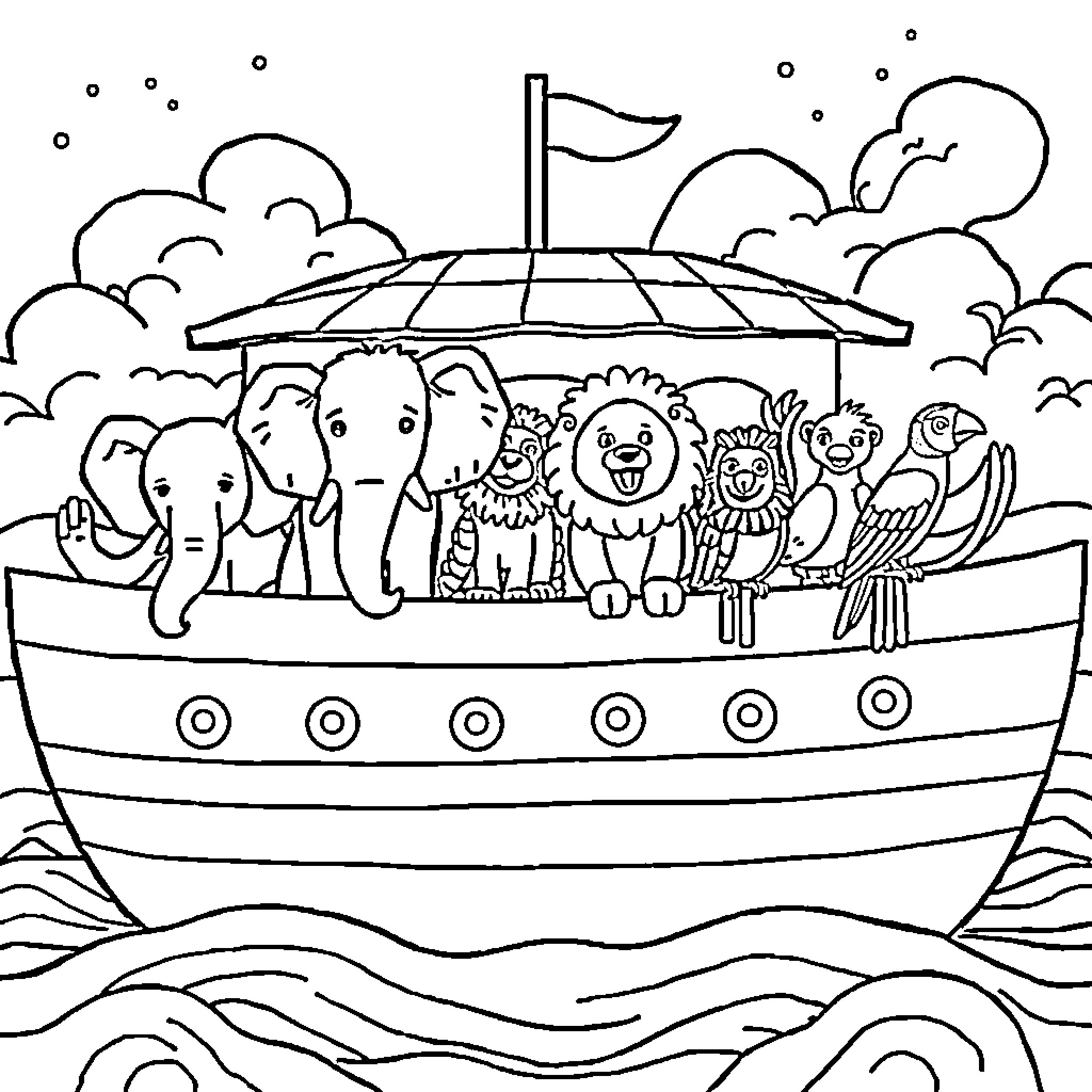 Animal Friends Sailing on a Boat Coloring Page (free black-and-white line drawing printable PDF for all, from beginners to advanced learners, including children, teens, adults, and seniors)