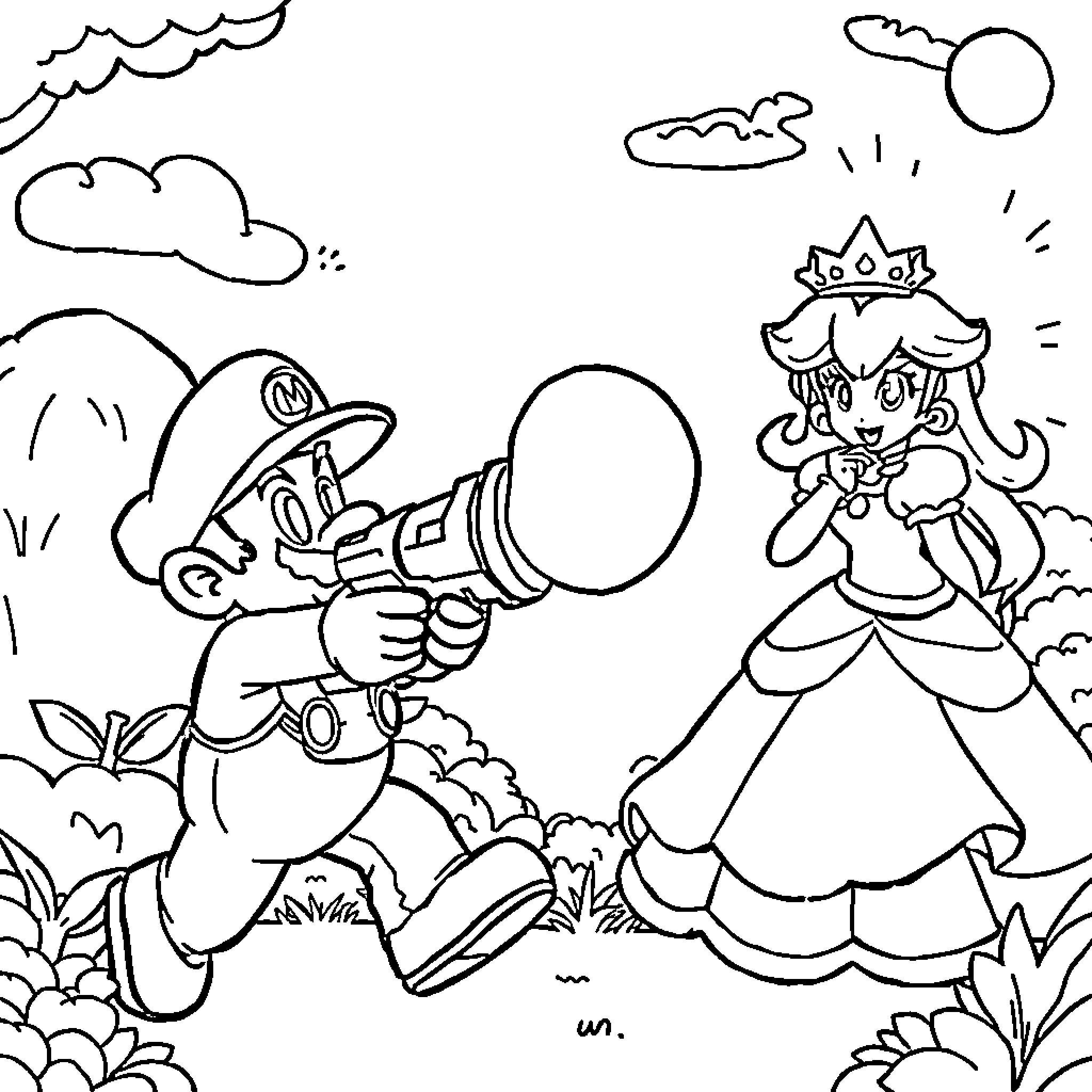 Mario chasing after Princess in an outdoor scene Coloring Page (free black-and-white line drawing printable PDF for all, from beginners to advanced learners, including children, teens, adults, and seniors)
