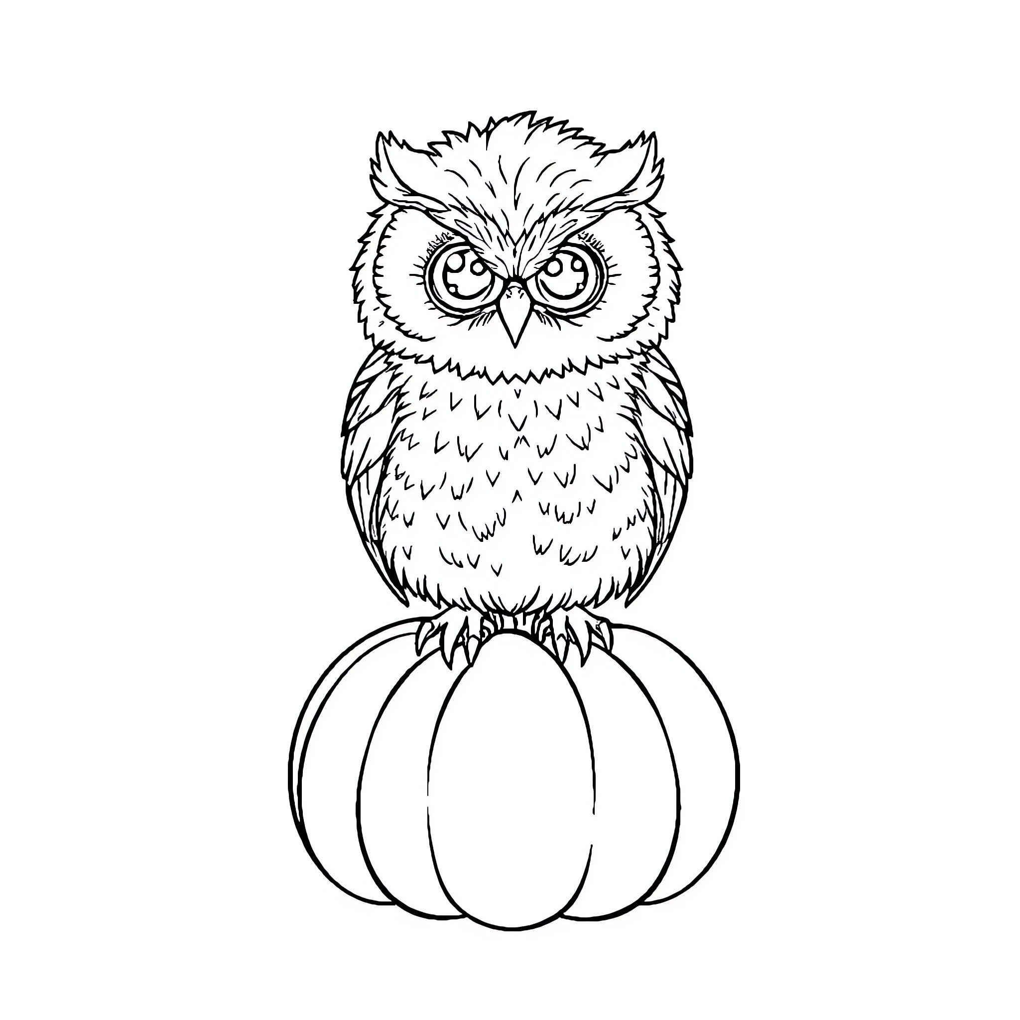 Owl perched on pumpkins with curious expression Coloring Page (free black-and-white line drawing printable PDF for all, from beginners to advanced learners, including children, teens, adults, and seniors)