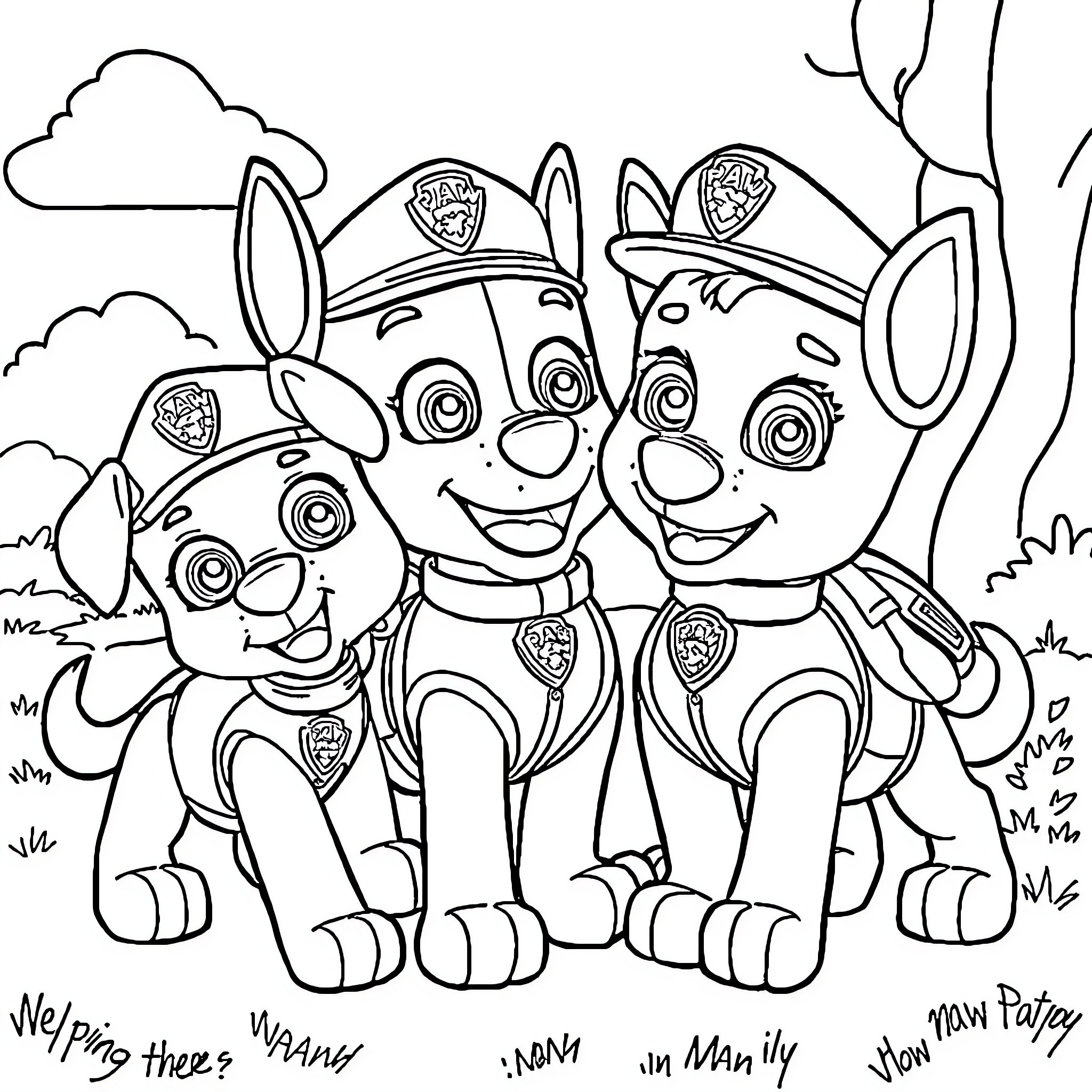 Paw Patrol pups in action with happy expressions Coloring Page (free black-and-white line drawing printable PDF for all, from beginners to advanced learners, including children, teens, adults, and seniors)