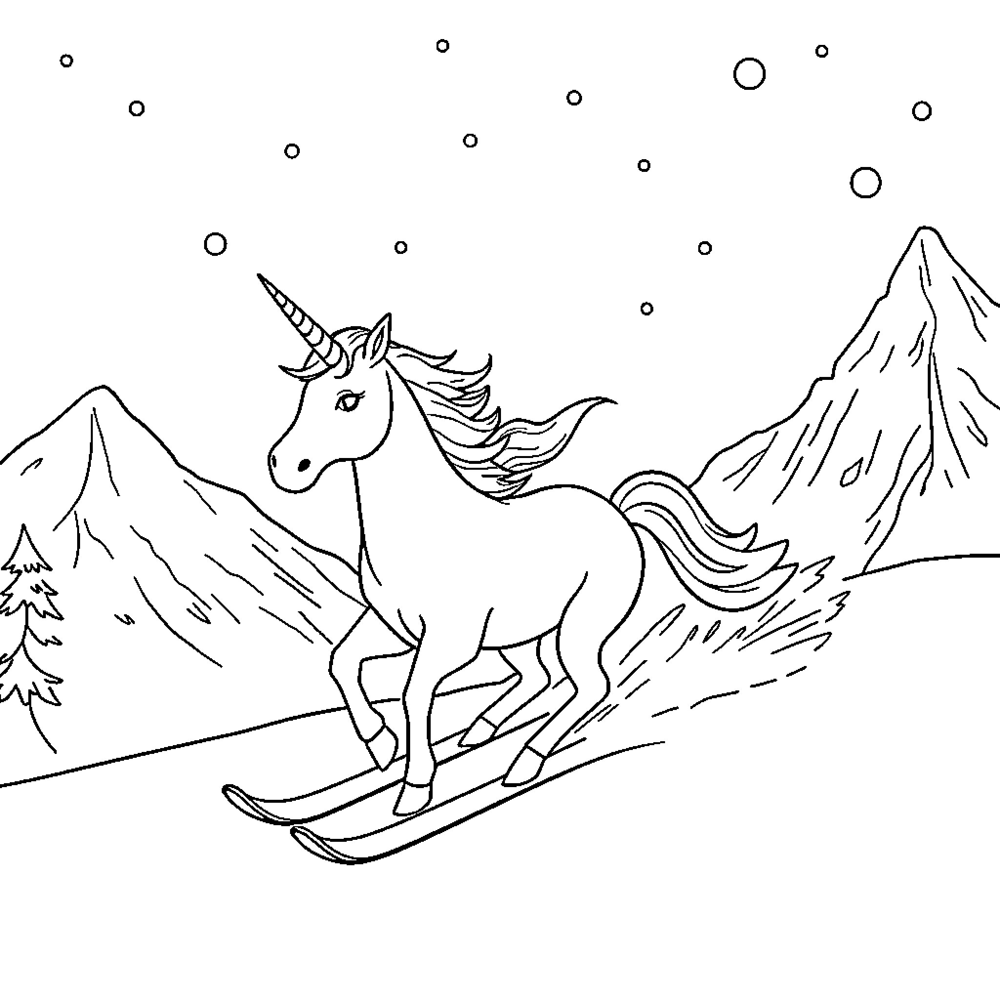 Unicorn skiing down the snowy mountain Coloring Page (free black-and-white line drawing printable PDF for all, from beginners to advanced learners, including children, teens, adults, and seniors)