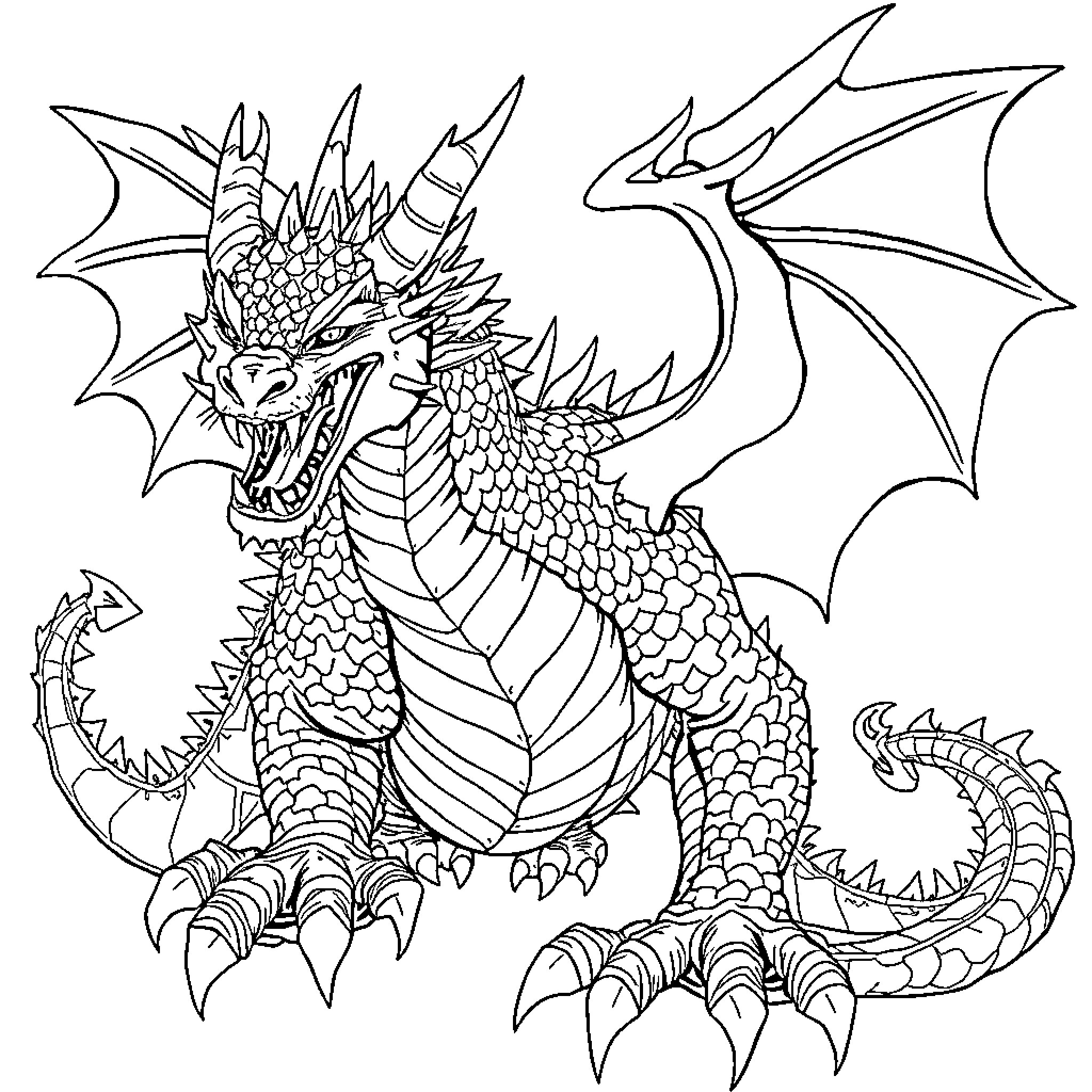 Dragon's ferocious attack with claws and wings Coloring Page (free black-and-white line drawing printable PDF for all, from beginners to advanced learners, including children, teens, adults, and seniors)