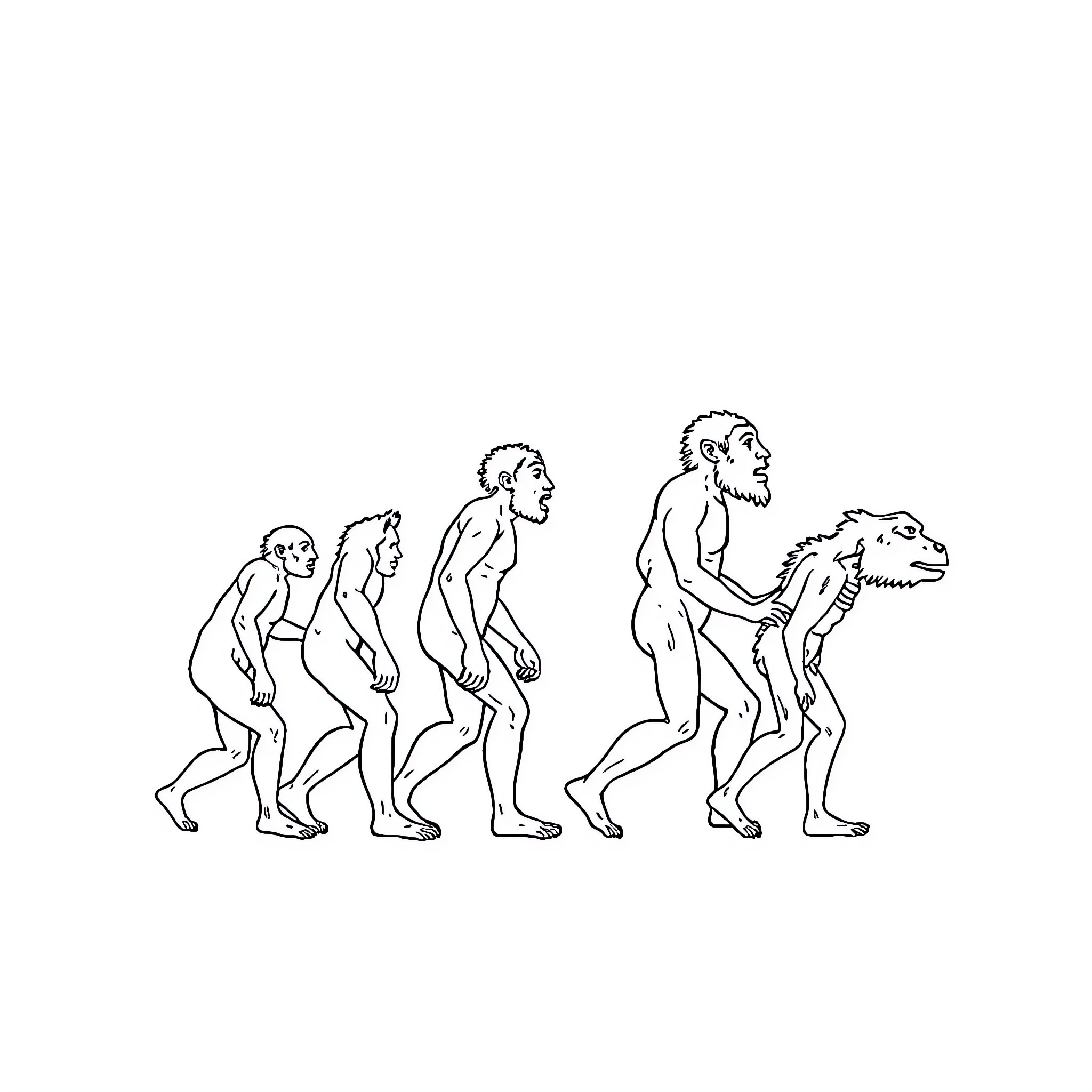 Human Evolution: Stages of Progression from Ape to Man Coloring Page (free black-and-white line drawing printable PDF for all, from beginners to advanced learners, including children, teens, adults, and seniors)