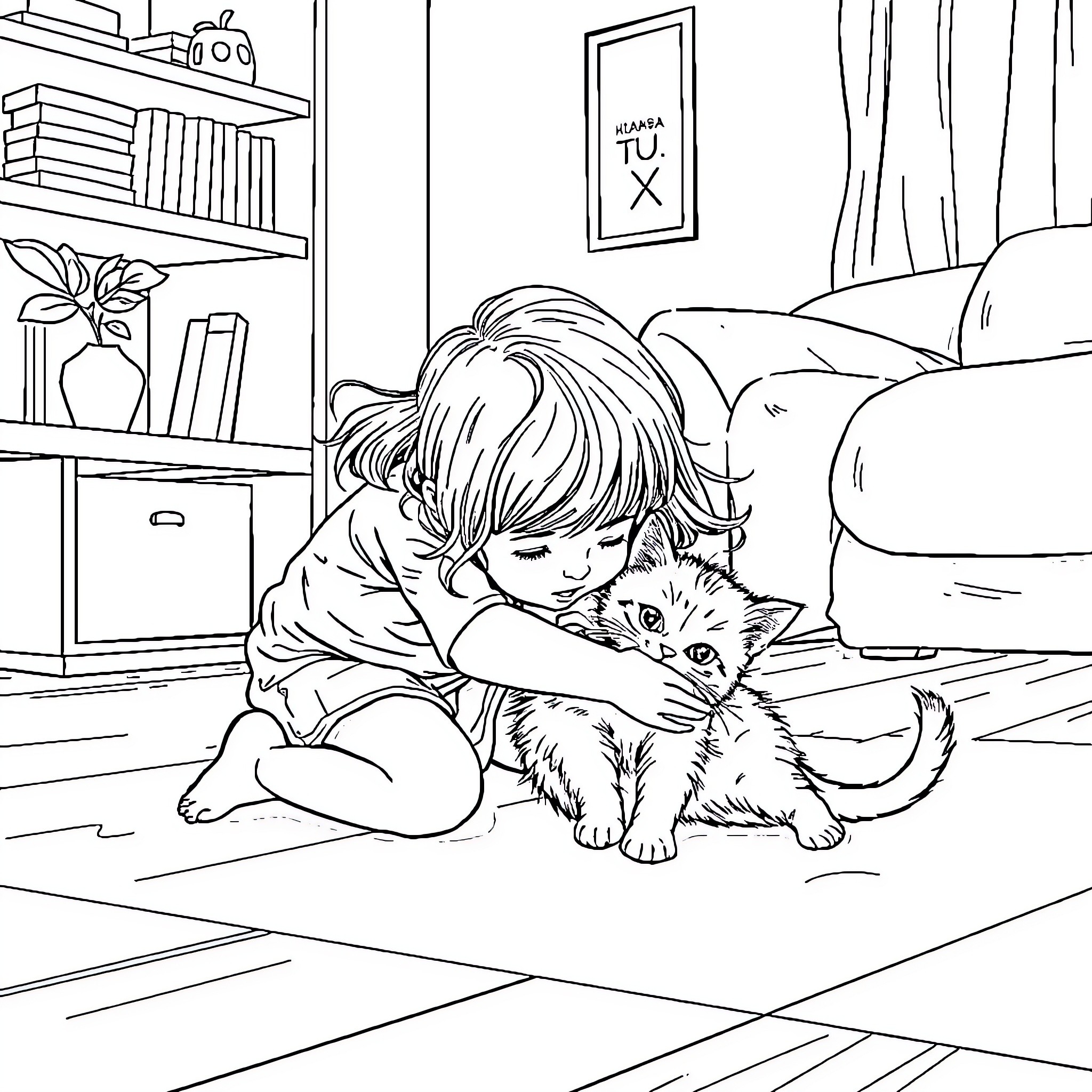 Wrestler embracing a friendly feline companion Coloring Page (free black-and-white line drawing printable PDF for all, from beginners to advanced learners, including children, teens, adults, and seniors)
