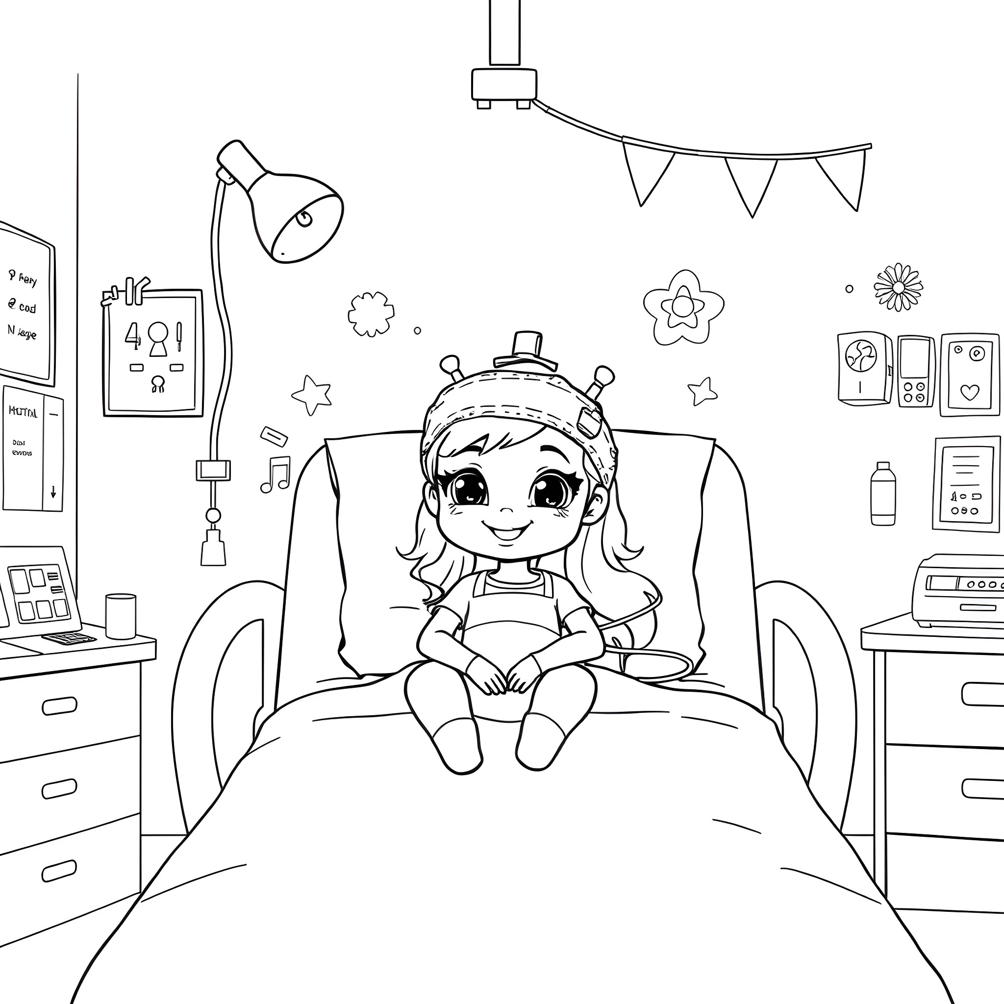 Bluey playing happily in her cozy bedroom Coloring Page (free black-and-white line drawing printable PDF for all, from beginners to advanced learners, including children, teens, adults, and seniors)