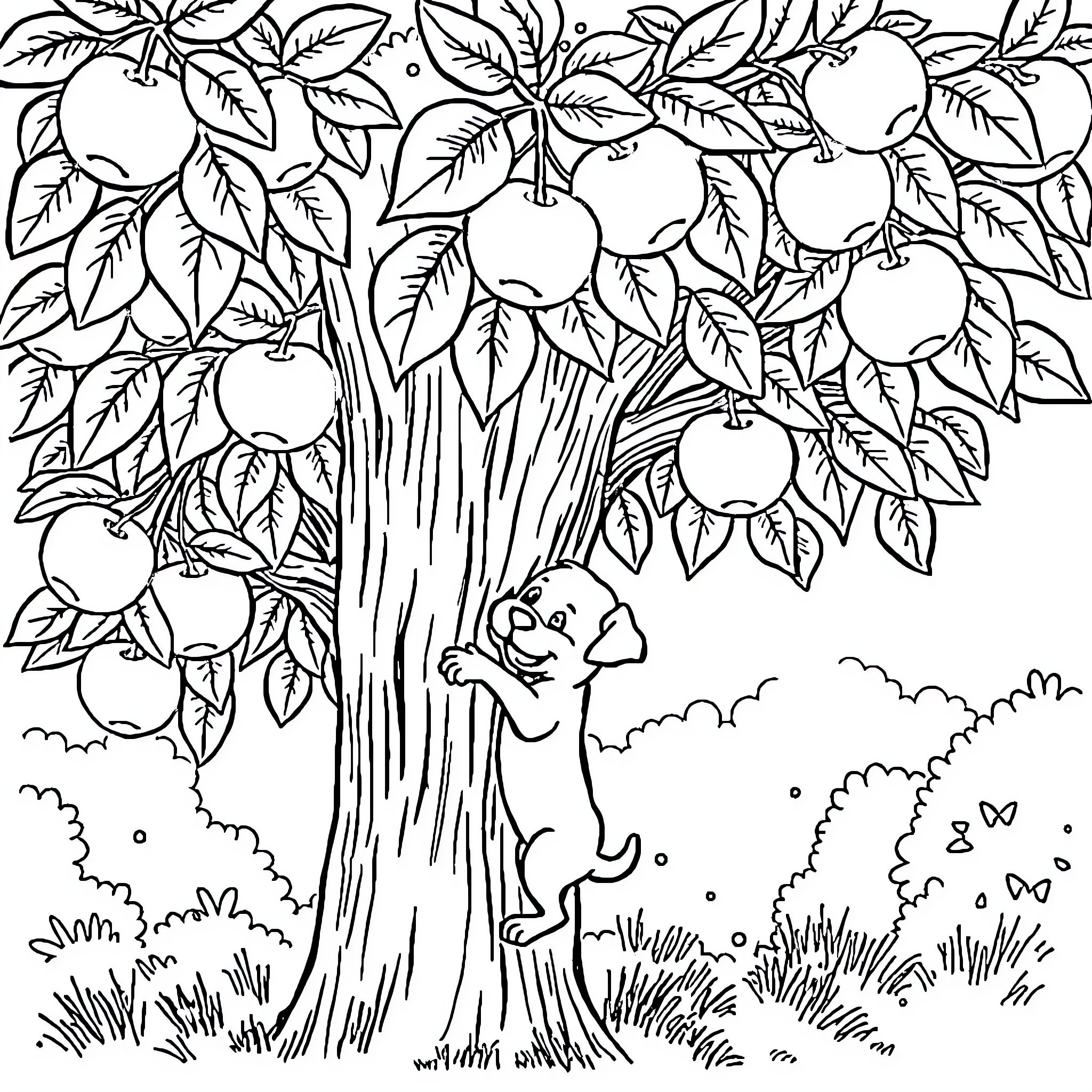 Puppy climbing on apple tree with leaves Coloring Page (free black-and-white line drawing printable PDF for all, from beginners to advanced learners, including children, teens, adults, and seniors)