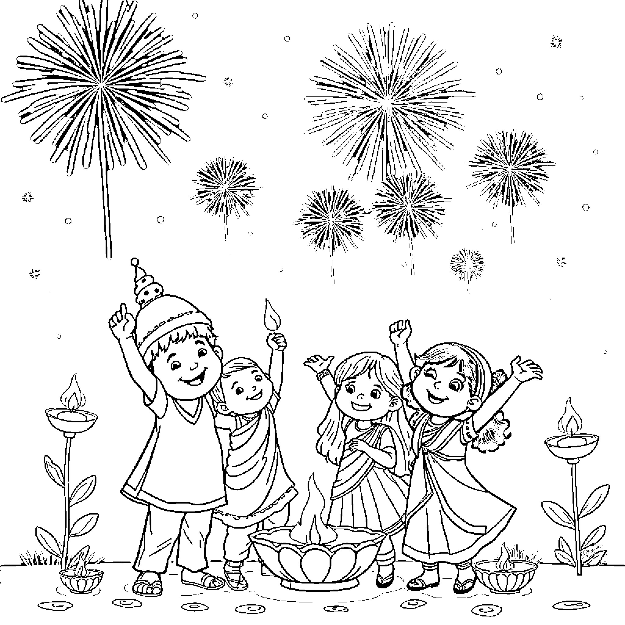 Kid celebrates festival with fireworks and friends Coloring Page (free black-and-white line drawing printable PDF for all, from beginners to advanced learners, including children, teens, adults, and seniors)