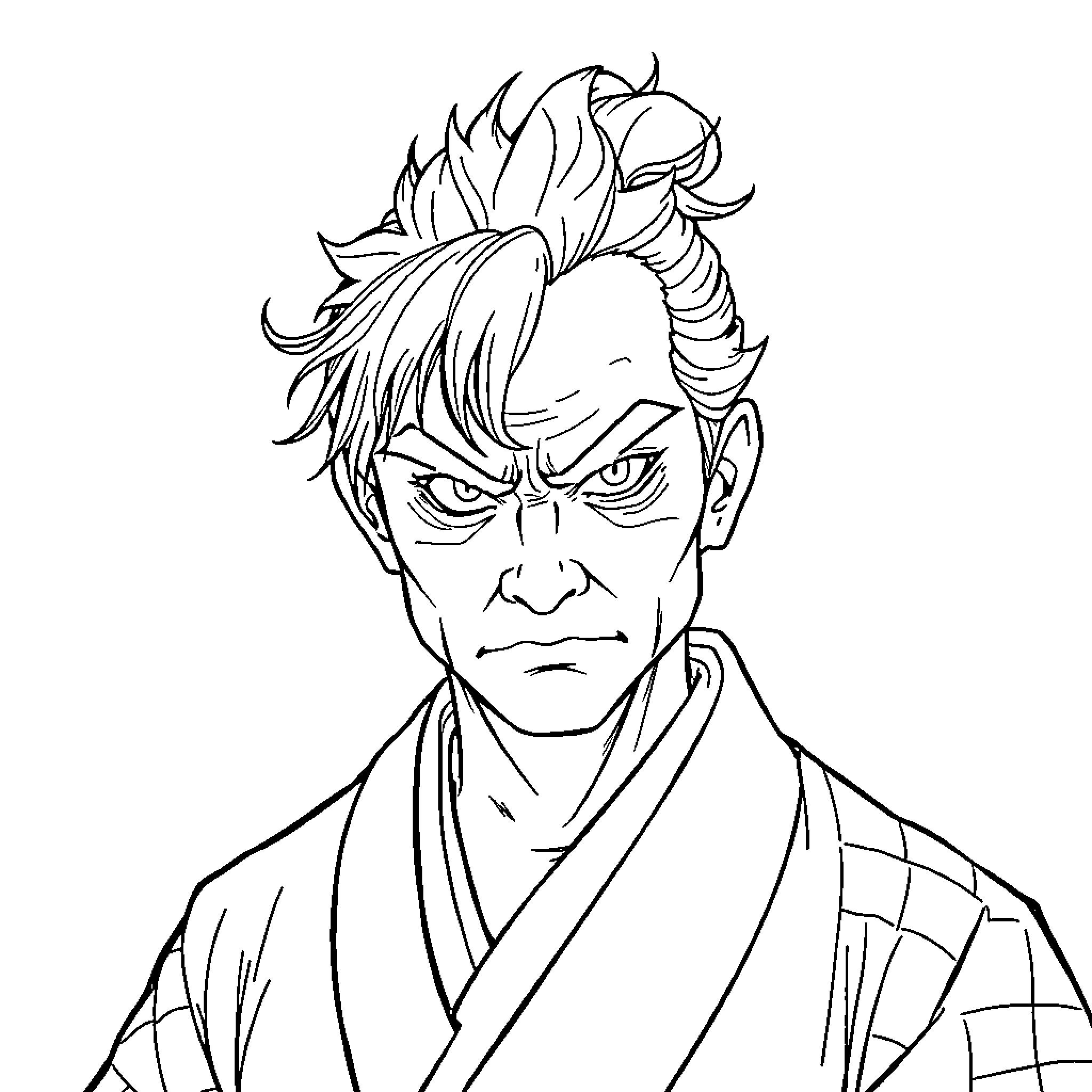 Tanjiro's Resolute Gaze in Contemplative Pose Coloring Page (free black-and-white line drawing printable PDF for all, from beginners to advanced learners, including children, teens, adults, and seniors)