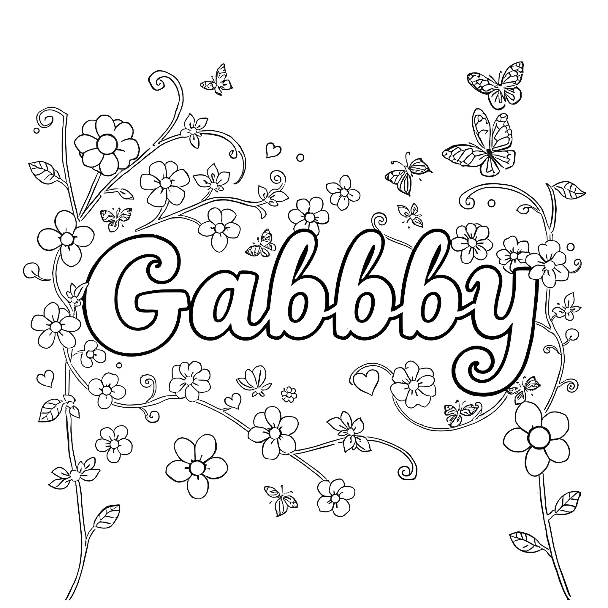 Gabby surrounded by flowers and butterflies Coloring Page (free black-and-white line drawing printable PDF for all, from beginners to advanced learners, including children, teens, adults, and seniors)