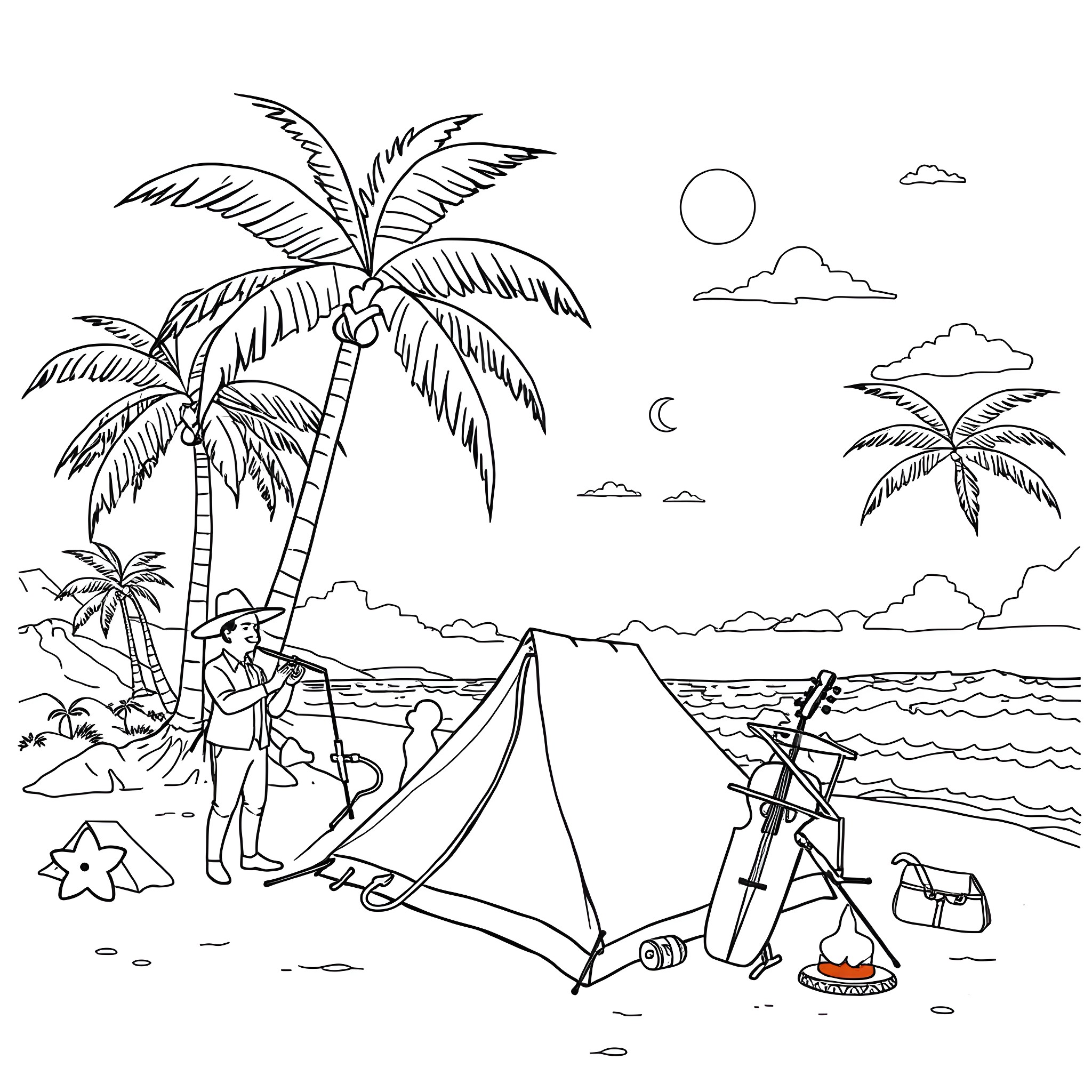 Camping at the tropical beach Coloring Page (free black-and-white line drawing printable PDF for all, from beginners to advanced learners, including children, teens, adults, and seniors)