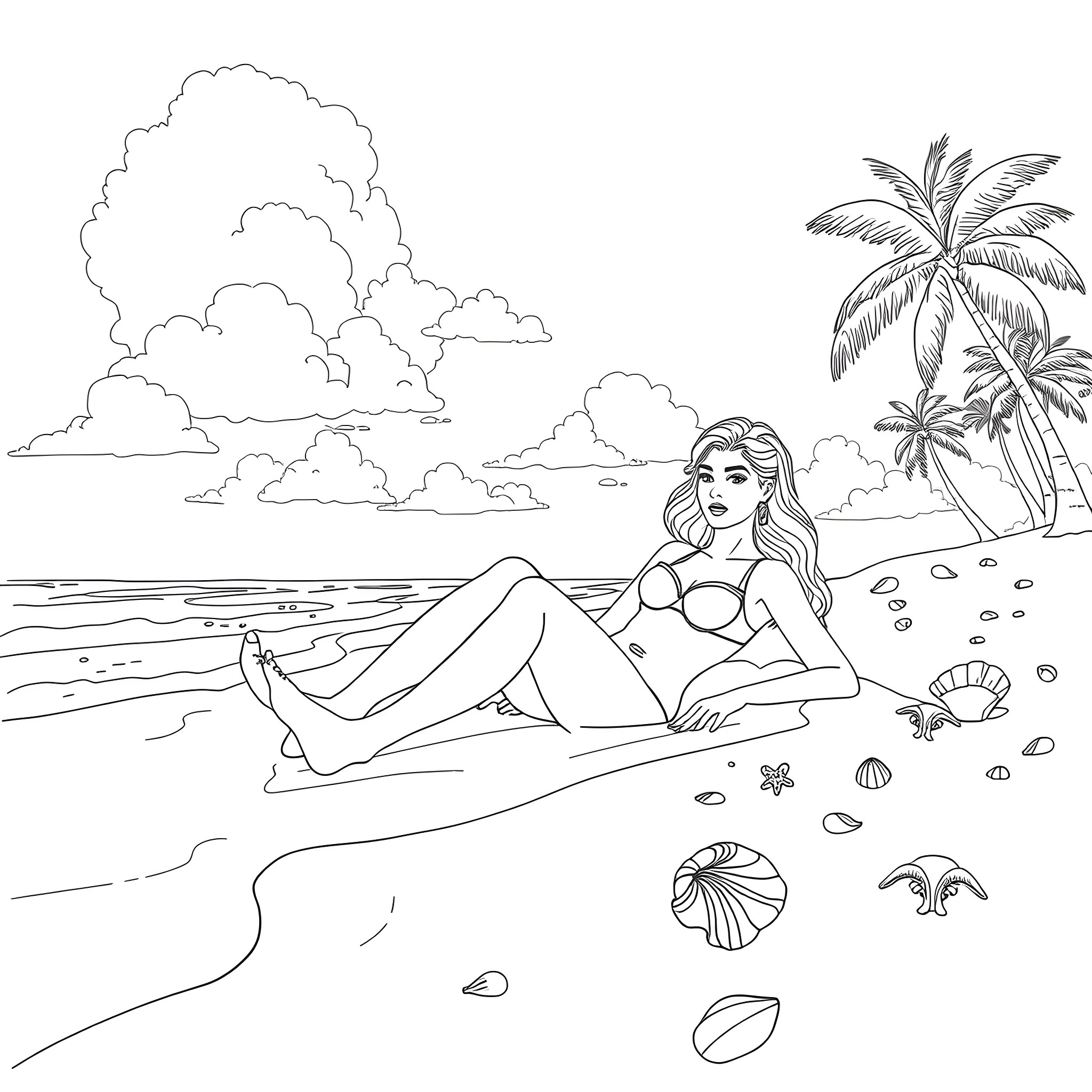 Zendaya enjoying a sunny day at the beach Coloring Page (free black-and-white line drawing printable PDF for all, from beginners to advanced learners, including children, teens, adults, and seniors)