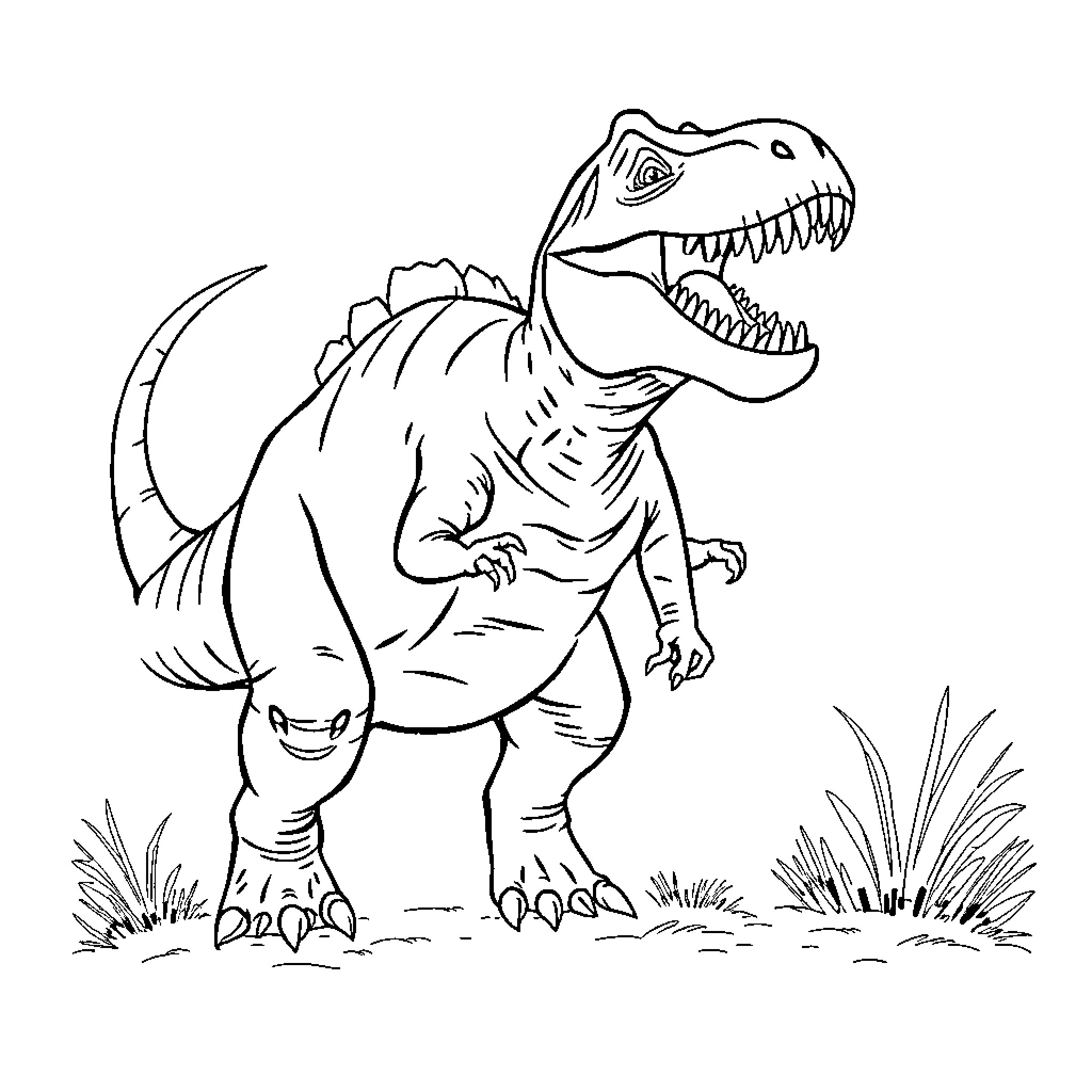 Allosaurus roaming in prehistoric landscape Coloring Page (free black-and-white line drawing printable PDF for all, from beginners to advanced learners, including children, teens, adults, and seniors)
