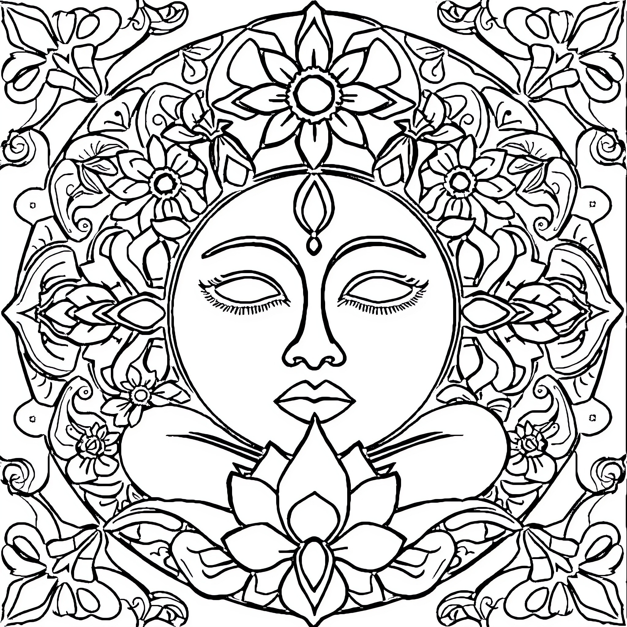Zen Floral Meditation Coloring Page (free black-and-white line drawing printable PDF for all, from beginners to advanced learners, including children, teens, adults, and seniors)