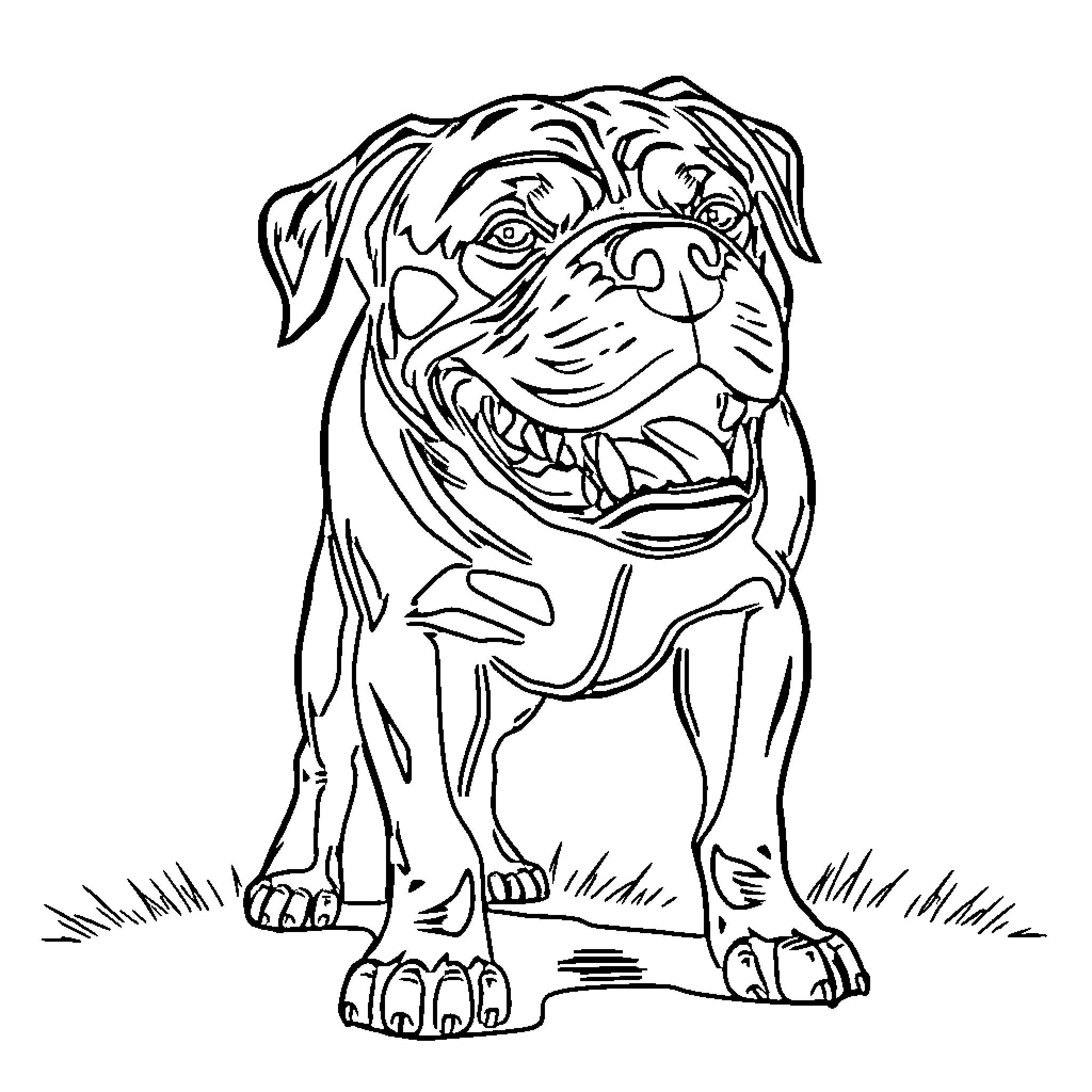 Rottweiler standing in the grass Coloring Page (free black-and-white line drawing printable PDF for all, from beginners to advanced learners, including children, teens, adults, and seniors)